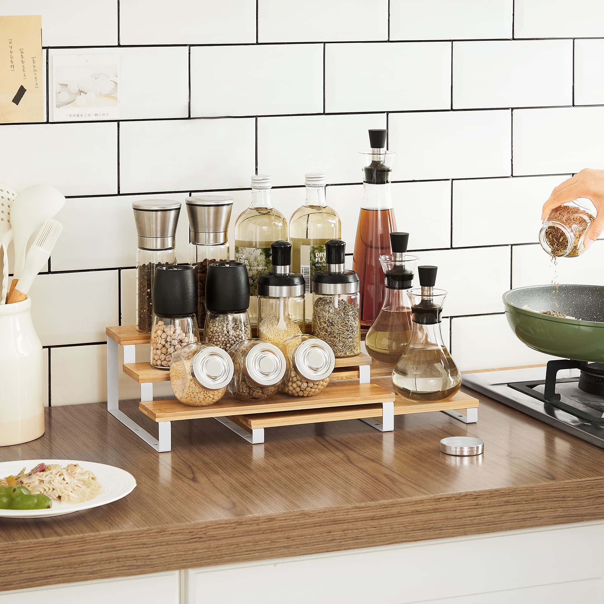 SONGMICS Spice Rack, Set of 2 Bamboo Expandable Display Shelf, 3 Tier Spice organization for cabinet, Tiered shelf organizer for