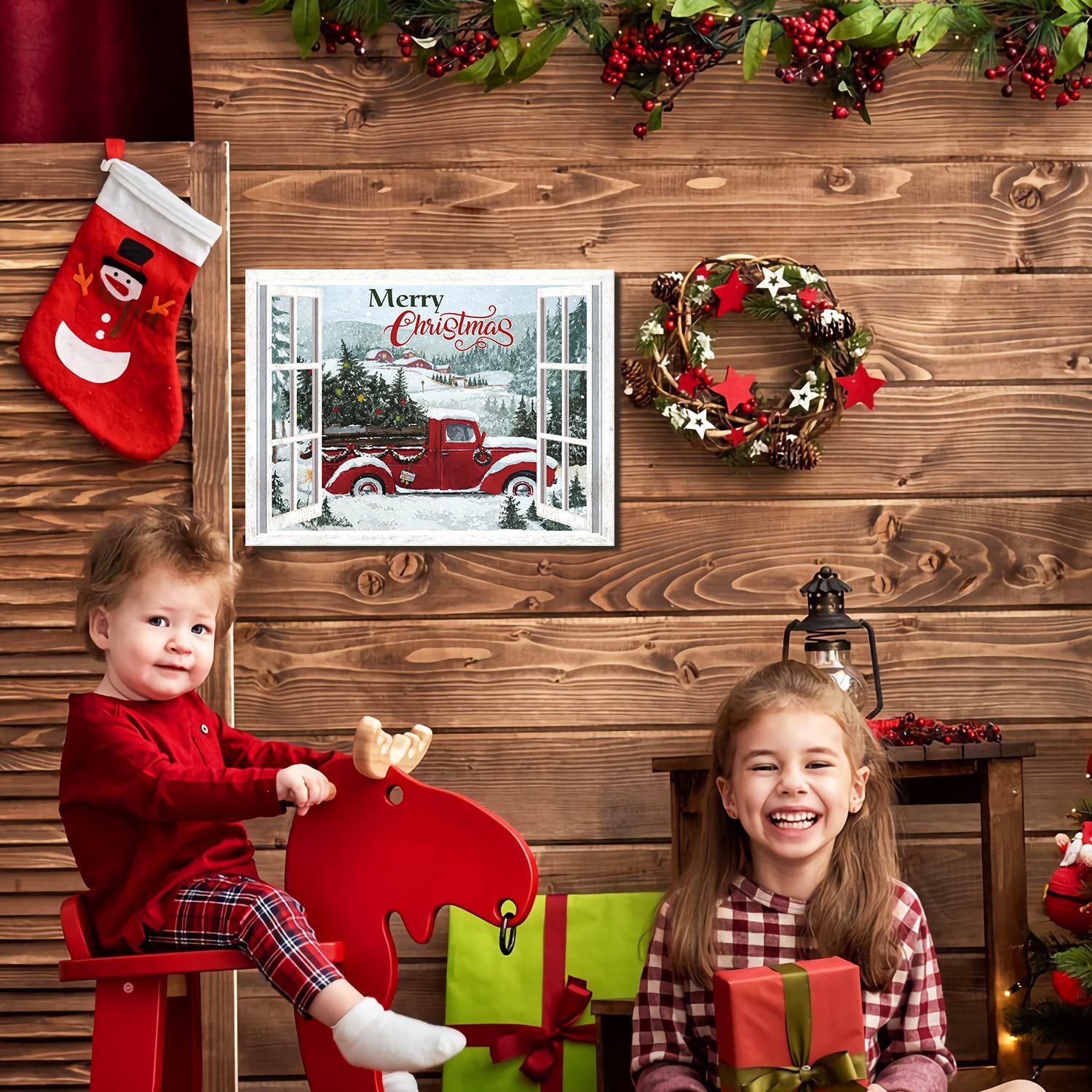 KAIRNE Merry Christmas Truck Canvas Decor, 12x16 inch Rustic Wall Art, Wood Material, Winter Snow Sign for Festive Home Decoration
