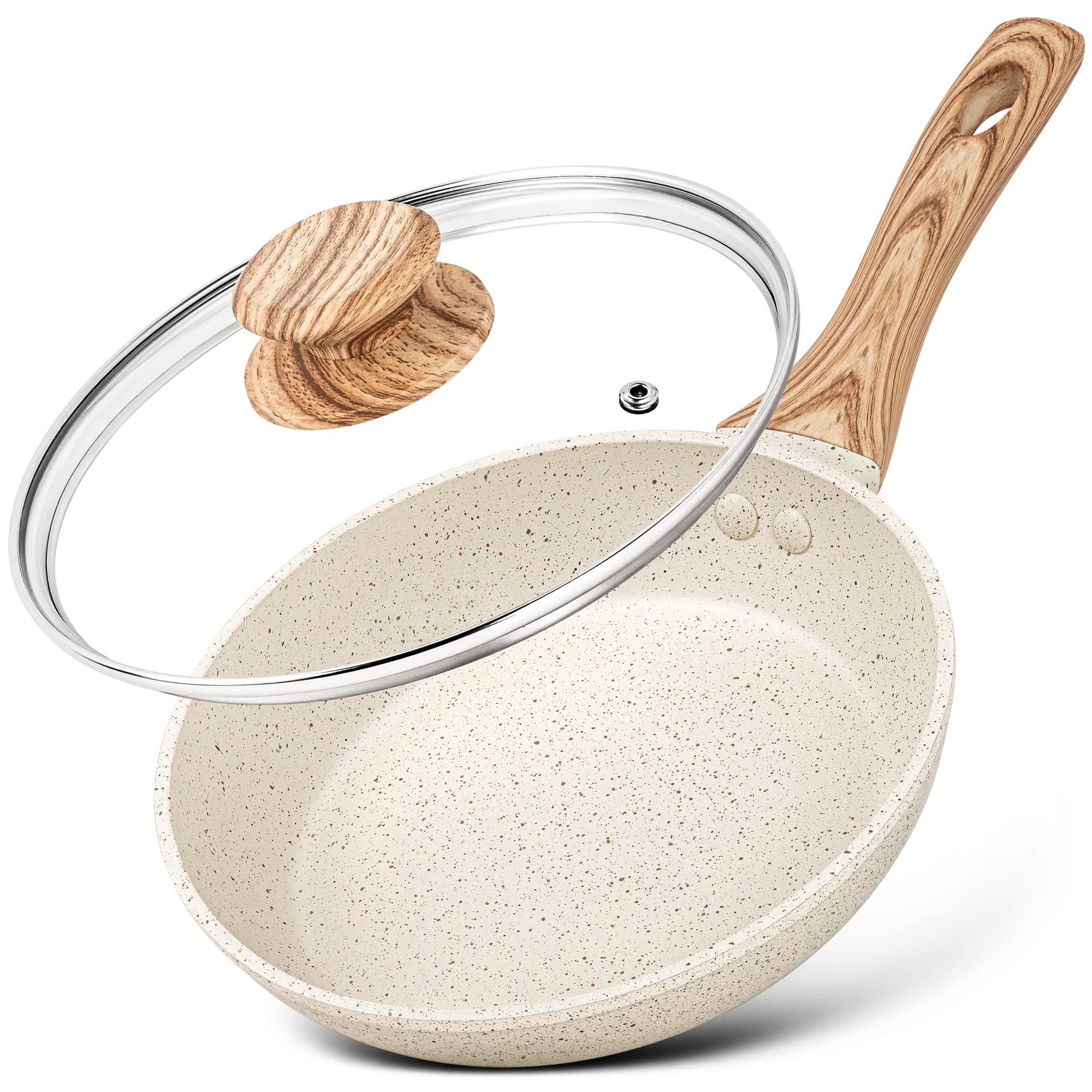 MICHELANGELO Small Frying Pan with Lid, 8 Inch Frying Pan Nonstick with Non-Toxic Coating, Granite Egg Pan with Anti-Scald Handl