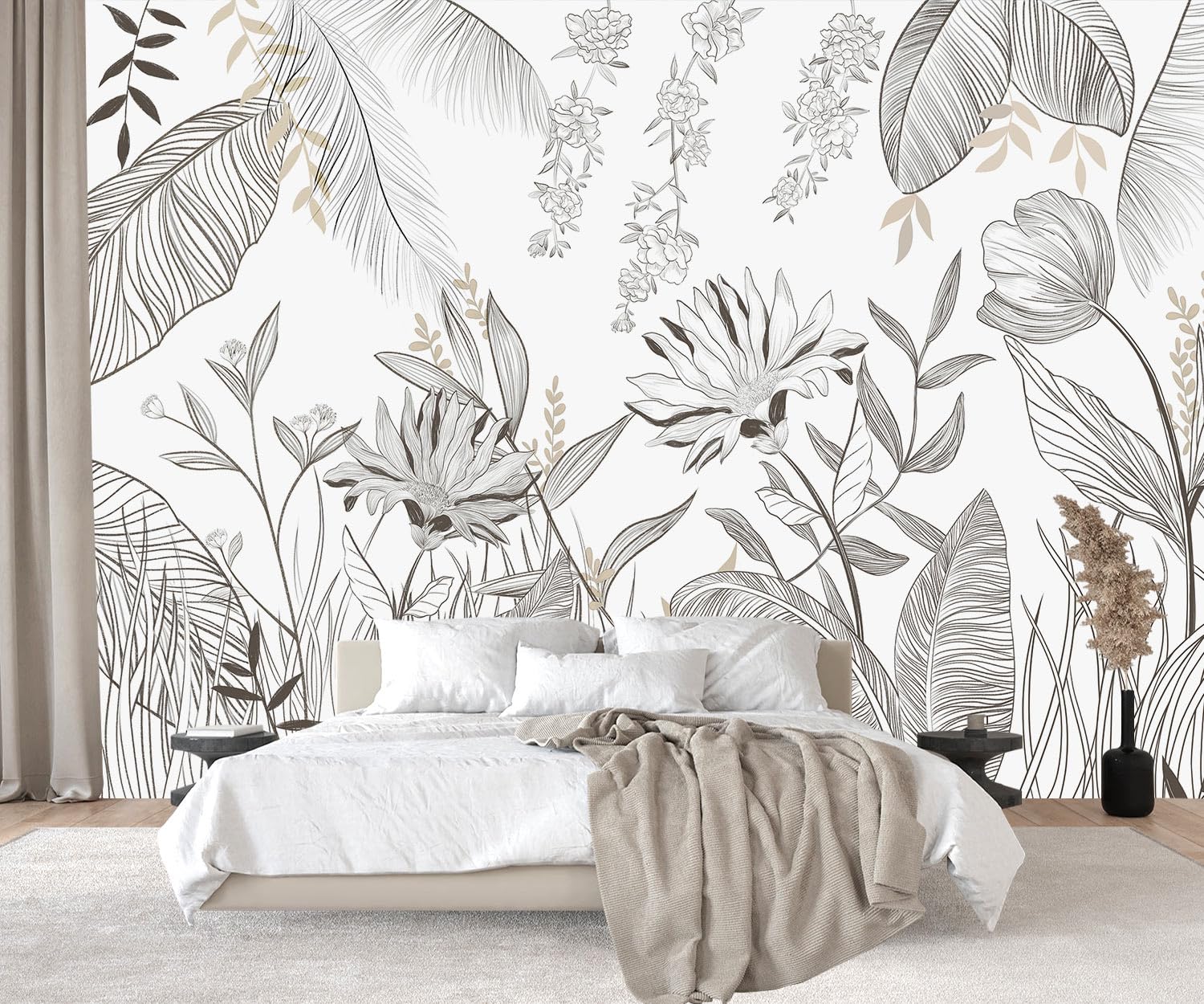 PYFFYP- Grey and White Tropical Leaf Wallpaper murals for Living Room(Not Peel and Stick)