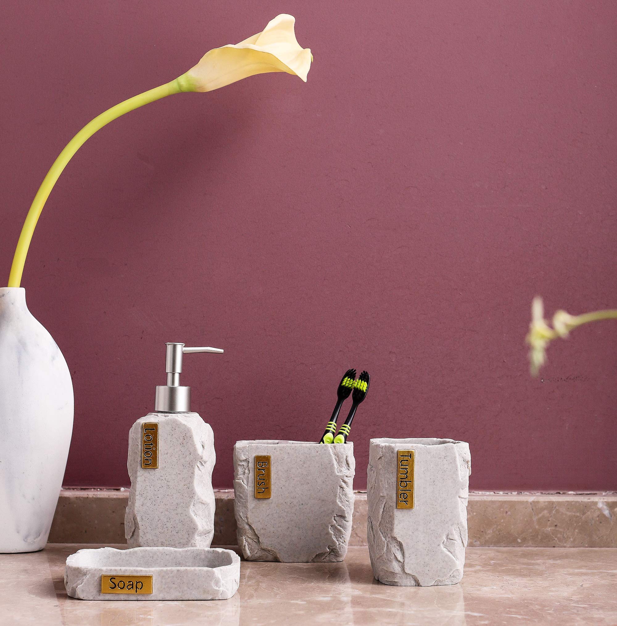 Hymmah Bathroom Accessories Set Marble Design Toothbrush Holder Farmhouse Bathroom Decor 4 Pcs Resin Gift Set Apartment Necessities  Contain Toothbrush Cup Soap Dispenser Soap Dish Tumbler