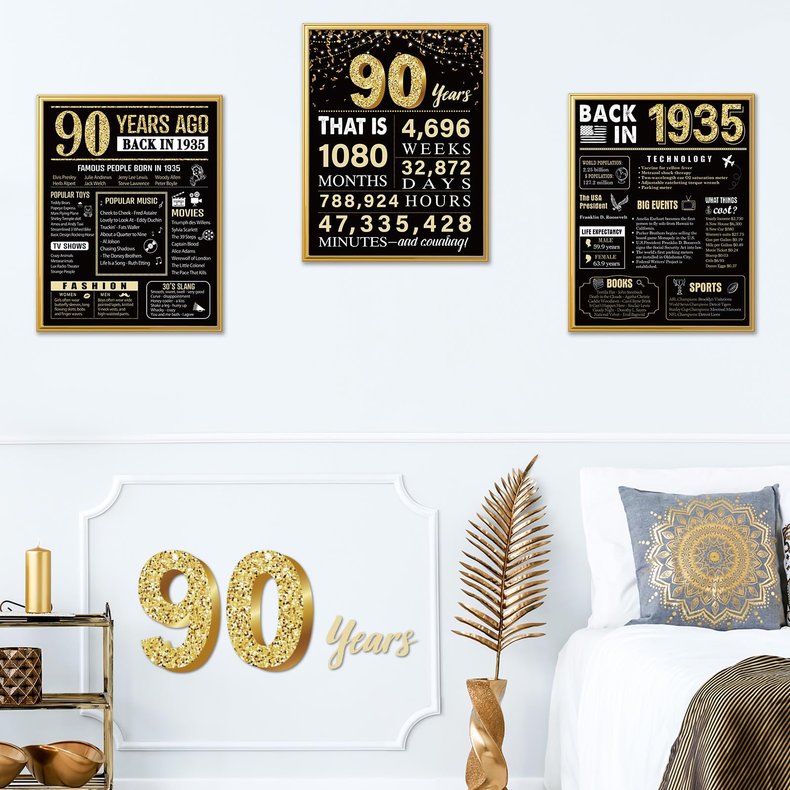 90 Years Ago 90th Birthday Wedding Anniversary Poster 3 Pieces 11 x 14 30s Party Decorations Supplies Large Sign Home Decor Black & Gold Wall Art Prints for Men and Women (Back in 1934-90 Years)