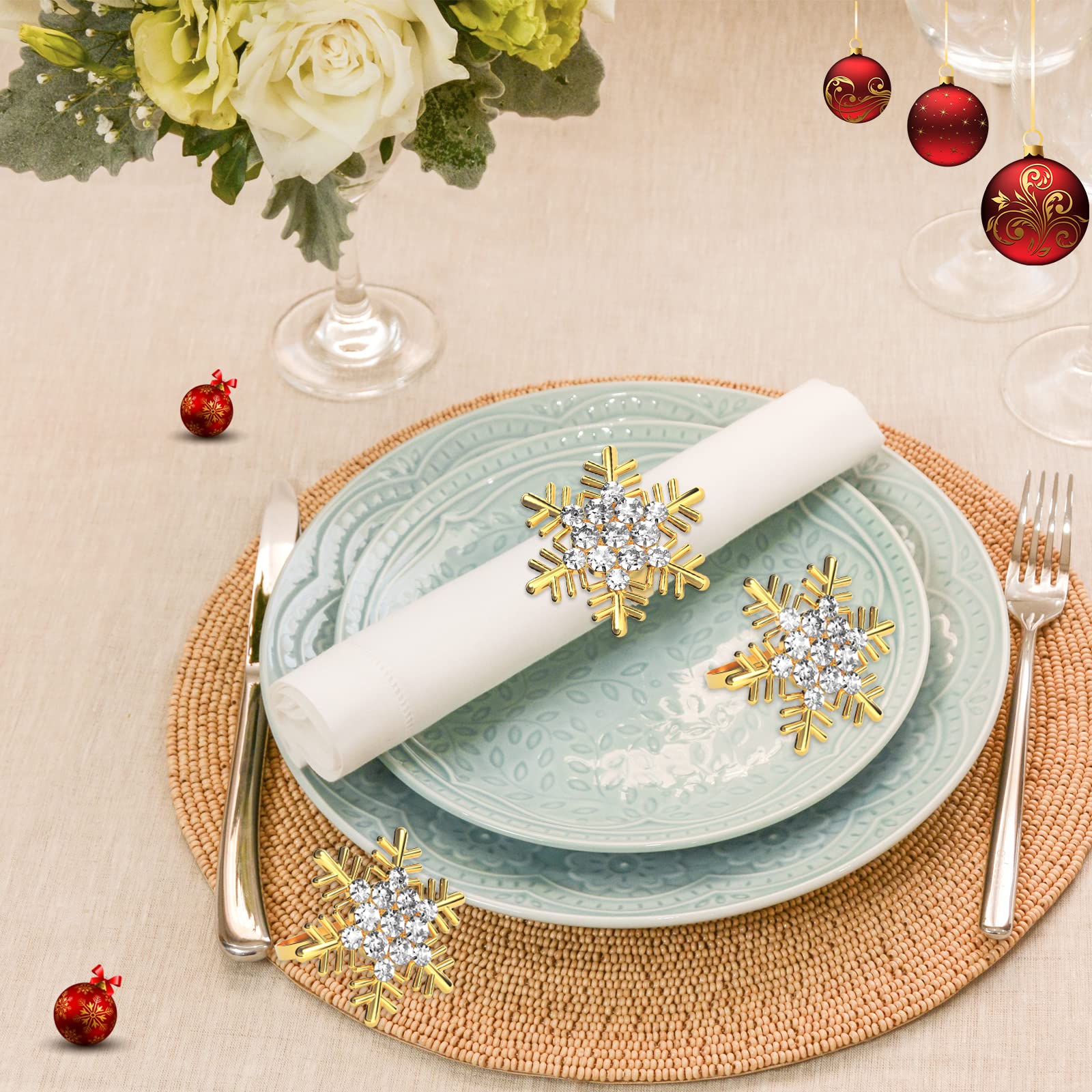 Zeedix Set Of 8 Gold Snowflake Christmas Napkin Rings For Dinning Table Setting- Rustic Dinner Tables Setting Decoration For Wed