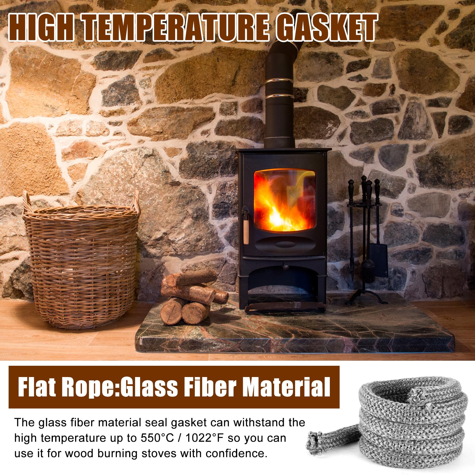 Komokeru Wood Stove Gasket - Heat Resistant Fiberglass Rope Seal, 3/4" x 98" for Woodburning Stoves and Fireplaces