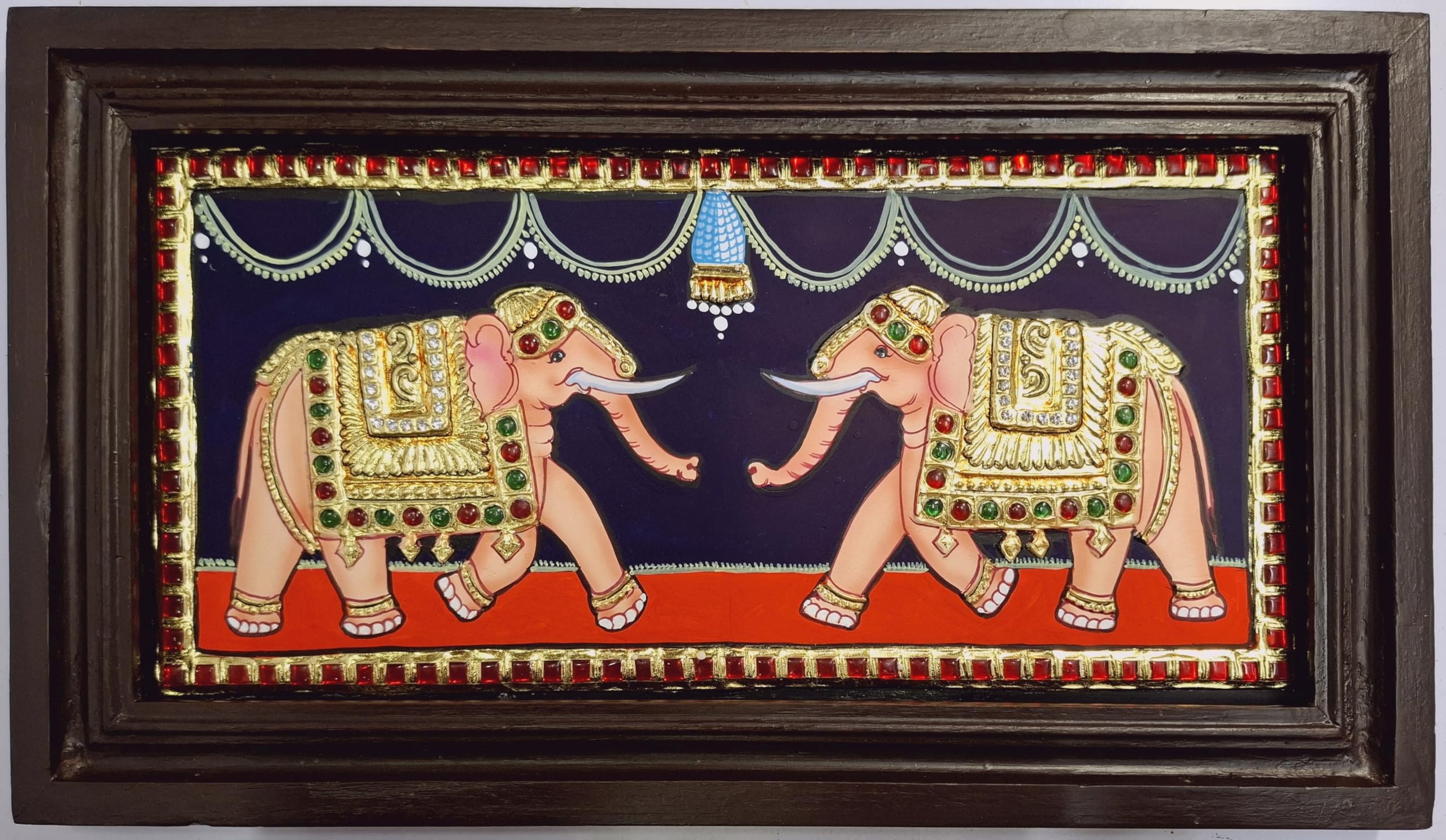 Jline Arts Elephant Tanjore Painting, 22 Carat Gold Foils With Wall Hanging (35 Cm X 19 Cm) With Teakwood Frame