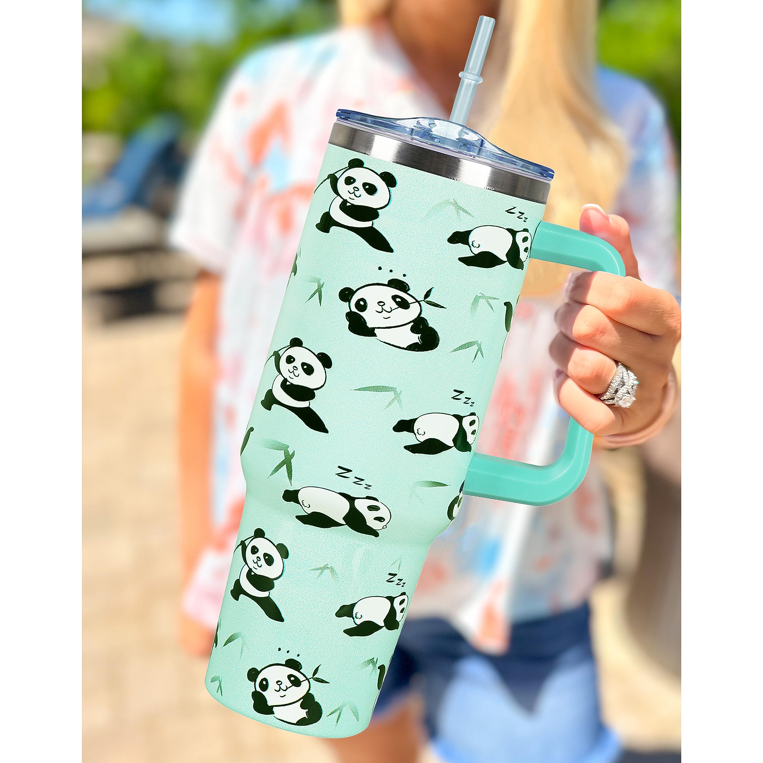 40 Oz Tumbler With Handle 40oz Panda Tumbler With Lid Straw Double Insulated Travel Coffee Mug Panda Cute Cup Gifts For Women