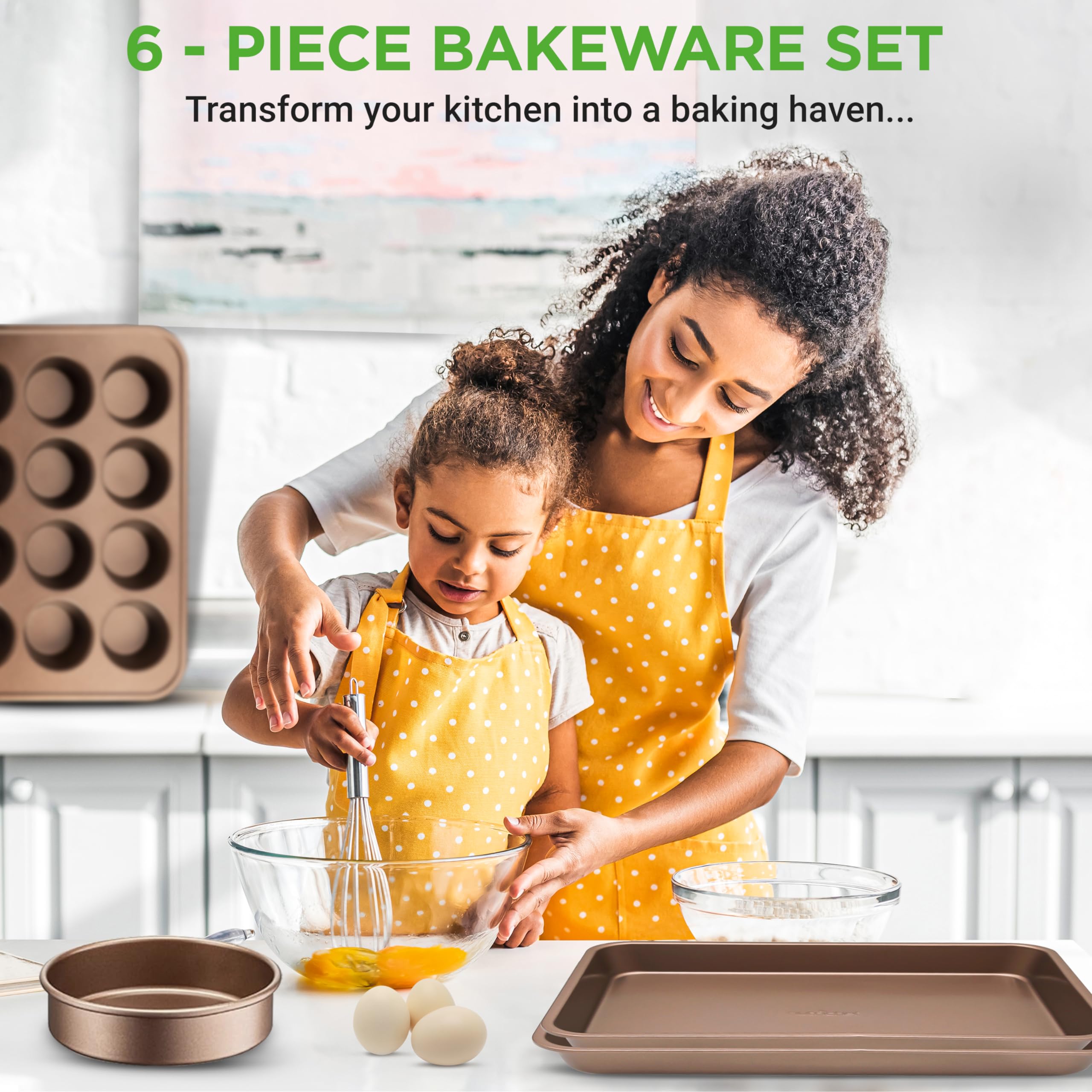 Nutrichef 6-Piece Nonstick Bakeware Set, Carbon Steel Baking Pans, Includes Cookie Trays, Wide & Square Bake Pan, Bread Loaf & R