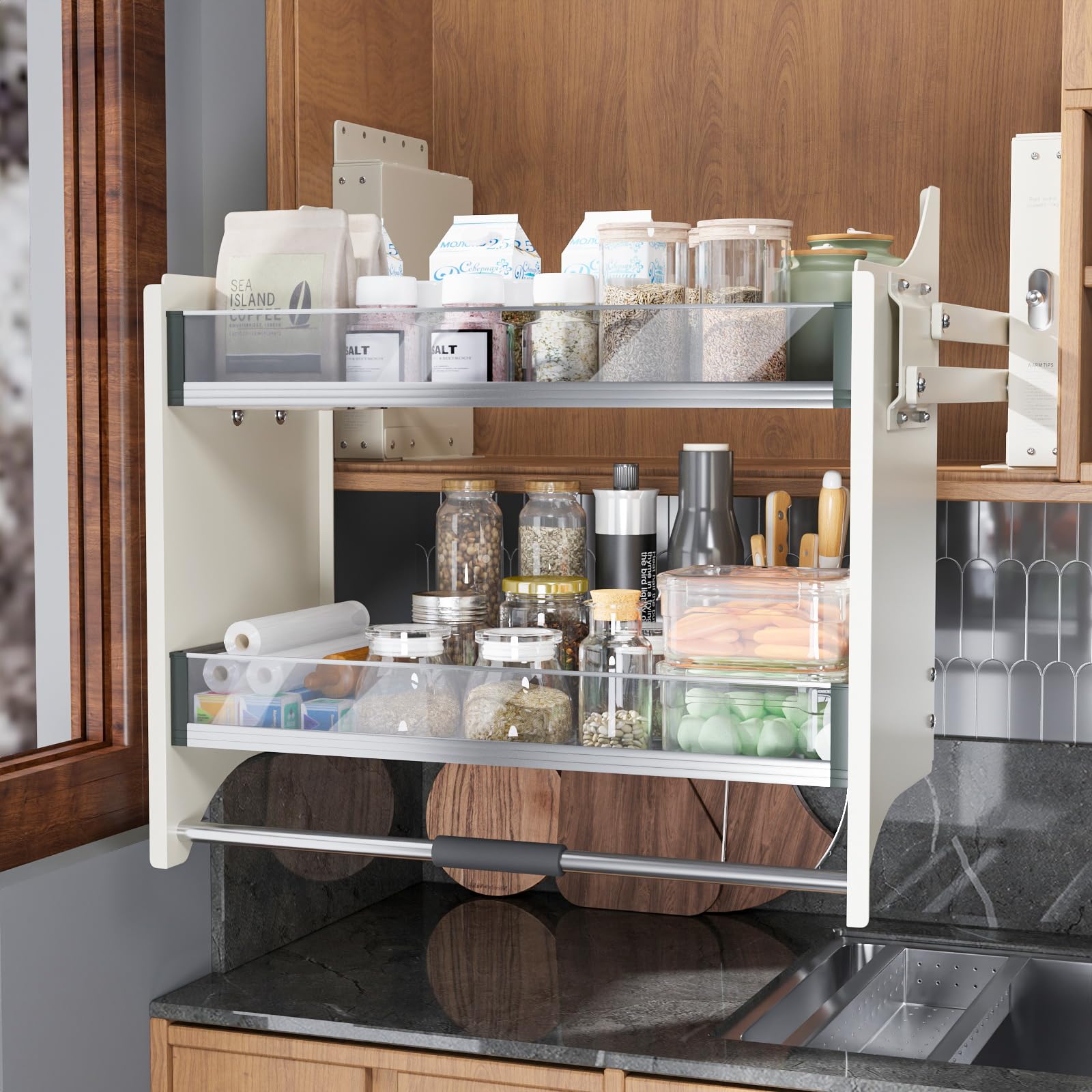 DPZM 33.8~35.8 Pull Down Shelf for Kitchen Upper Cabinet, White