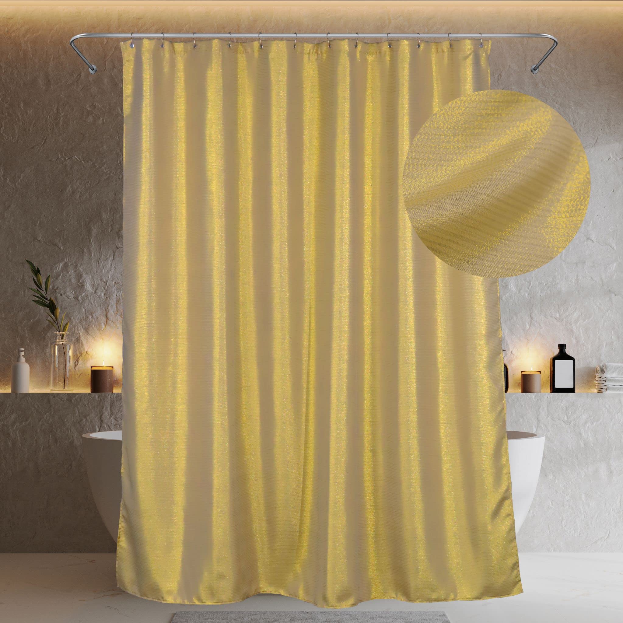 Popkozzi Gold Shower Curtains For Bathroom: Glitter Sparkle Bling Fabric Decorative Shower Curtain - Waterproof Washable Luxury