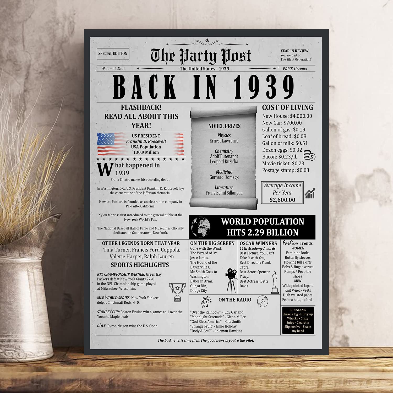 86Th Birthday Poster 8 X 10 Party Sign - Born 86 Years Ago Table Party Supplies. Back In 1939 Home Decor Bday Card. Wedding Anni