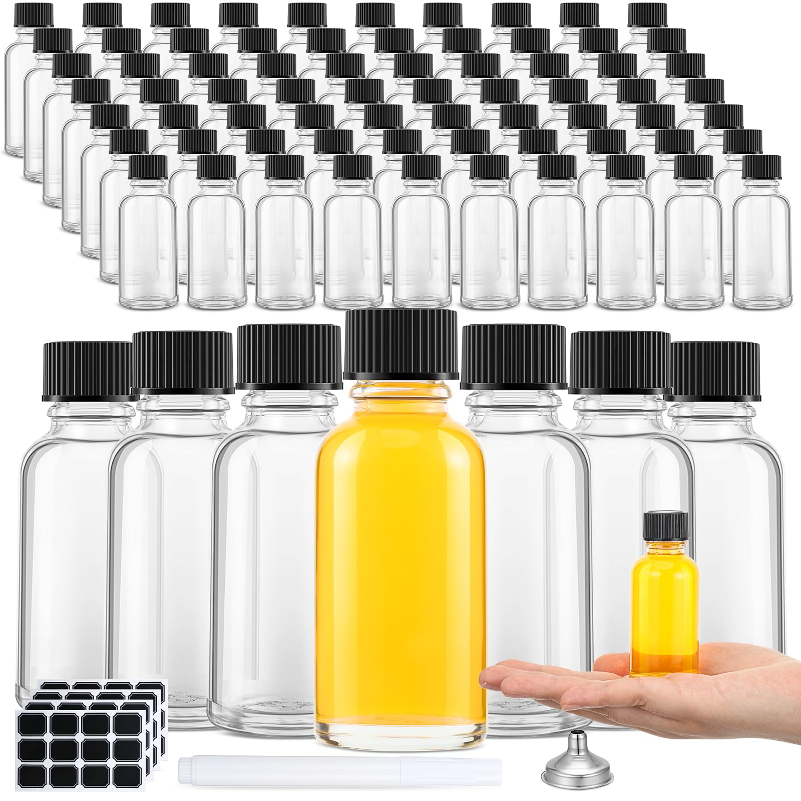 Hsei 1 oz Glass Bottle with Black Cap Clear Sample Boston Round Bottle Small Glass Containers with Lids and Funnel Chalk Labels 