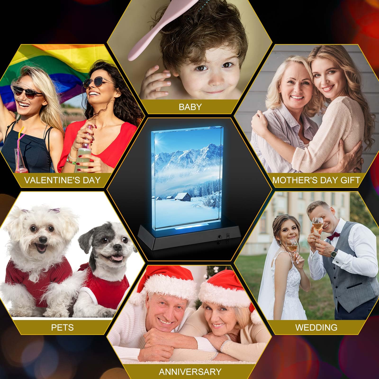 Qunclay 3 Sets Sublimation Blanks Crystal with Colorful LED Base Gifts Tabletop Decor DIY Photo Frame Heat Transfer Picture Fram