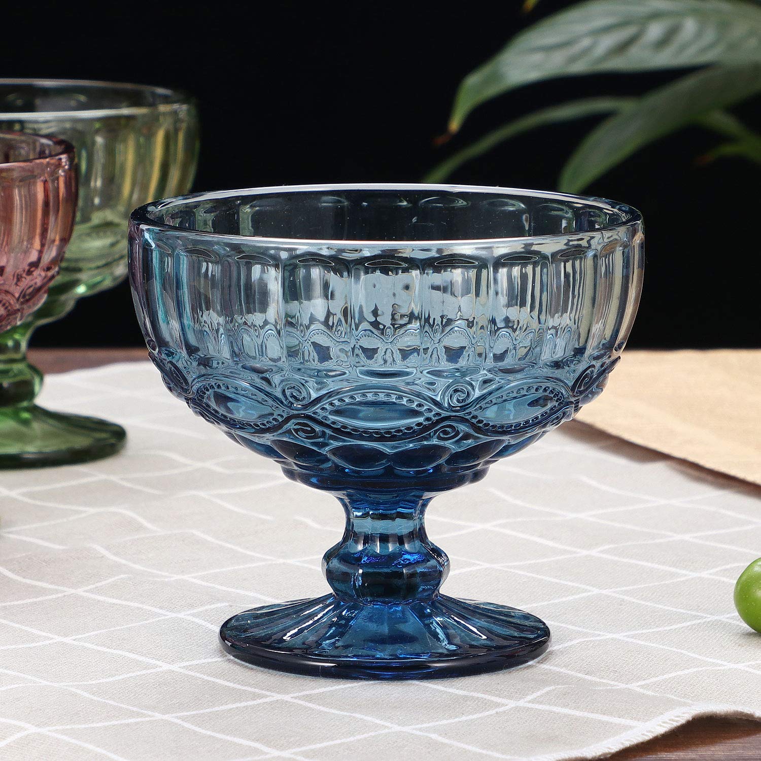 Vanenjoy Deep-Blue Vintage Pressed Pattern Glass Ice Cream Cups/Dessert Bowls - Set Of 4,12 Oz