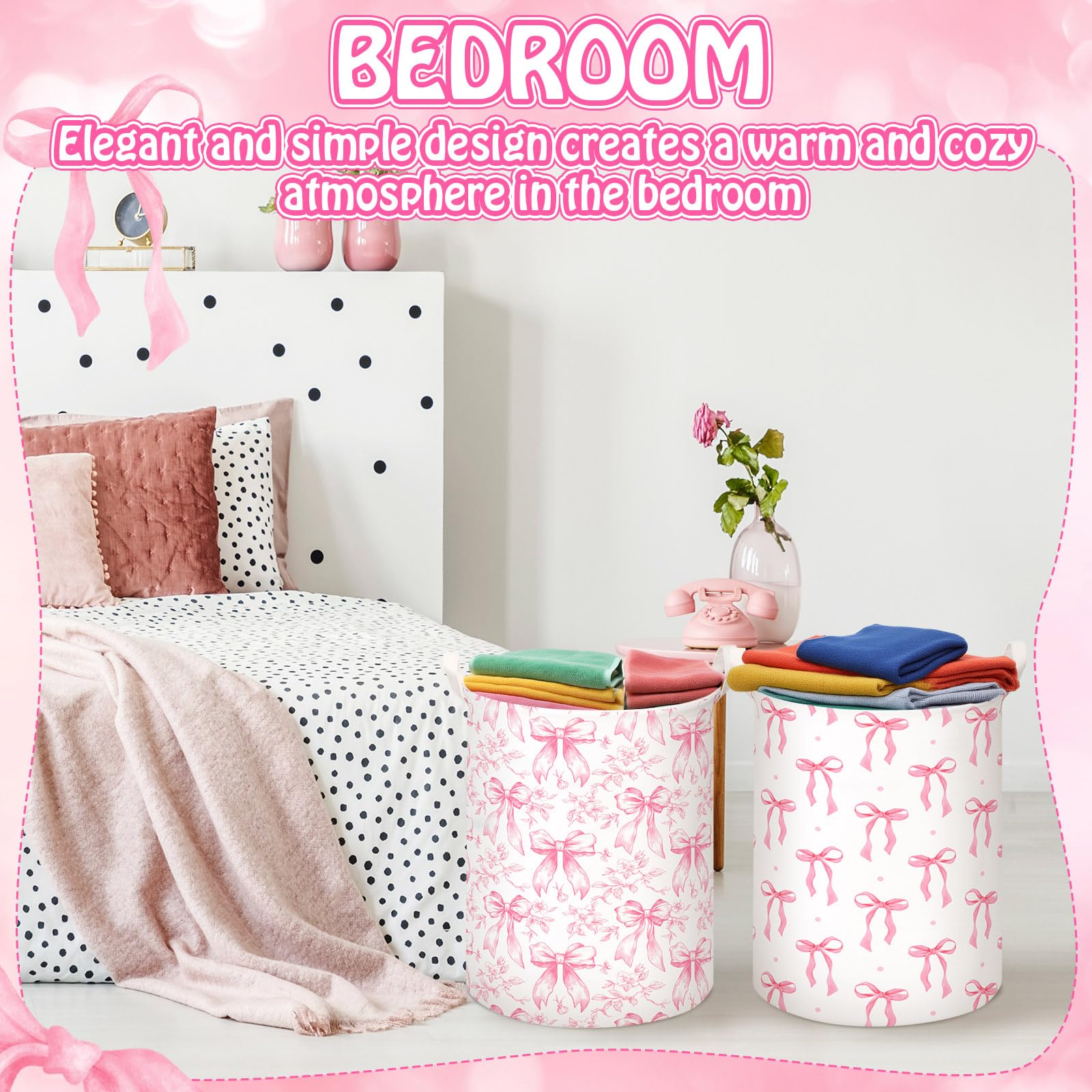 Croblissful 2 Pcs Pink Bow Laundry Basket Coquette Storage Basket For Girls Nursery Hamper With Handles Foldable Waterproof Coll