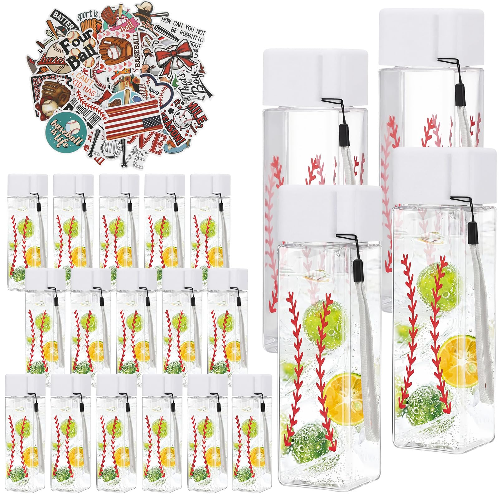 Gandeer 20 Pack 16oz Baseball Water Bottles Bulk with 50 Pcs Stickers, Reusable Sports Water Bottle, Baseball Party Favors Goodi