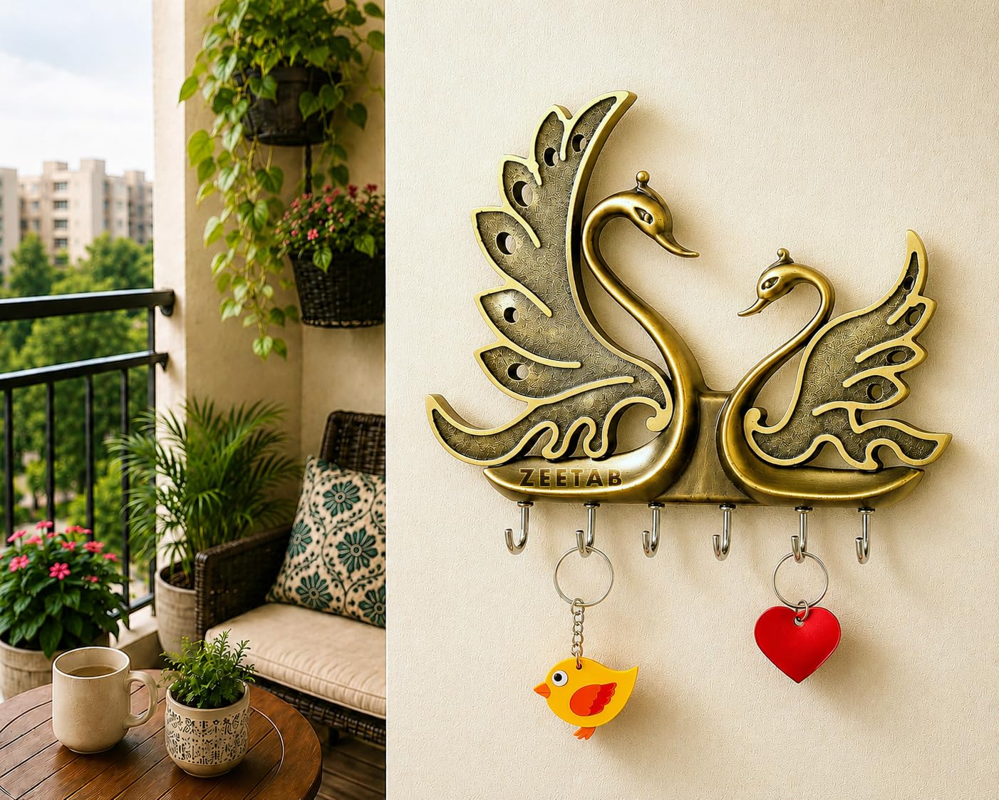 Zeetab Two Swan (Hans) Key Holder, Love Bird Key Stand with 6 Hook, Full Metal Wall Mount Hanger, Home Decor Gift (Full Antique)