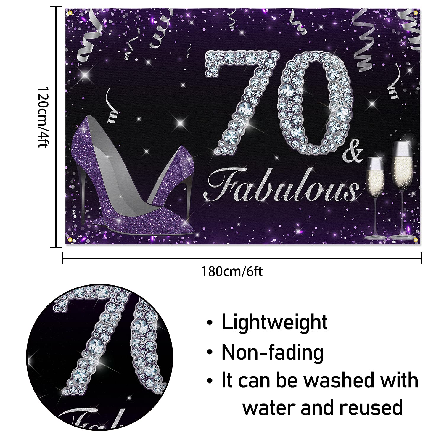 Hamigar 6X4Ft Happy 70Th Birthday Banner Backdrop - 70 & Fabulous Heels Birthday Decorations Party Supplies For Women - Purple