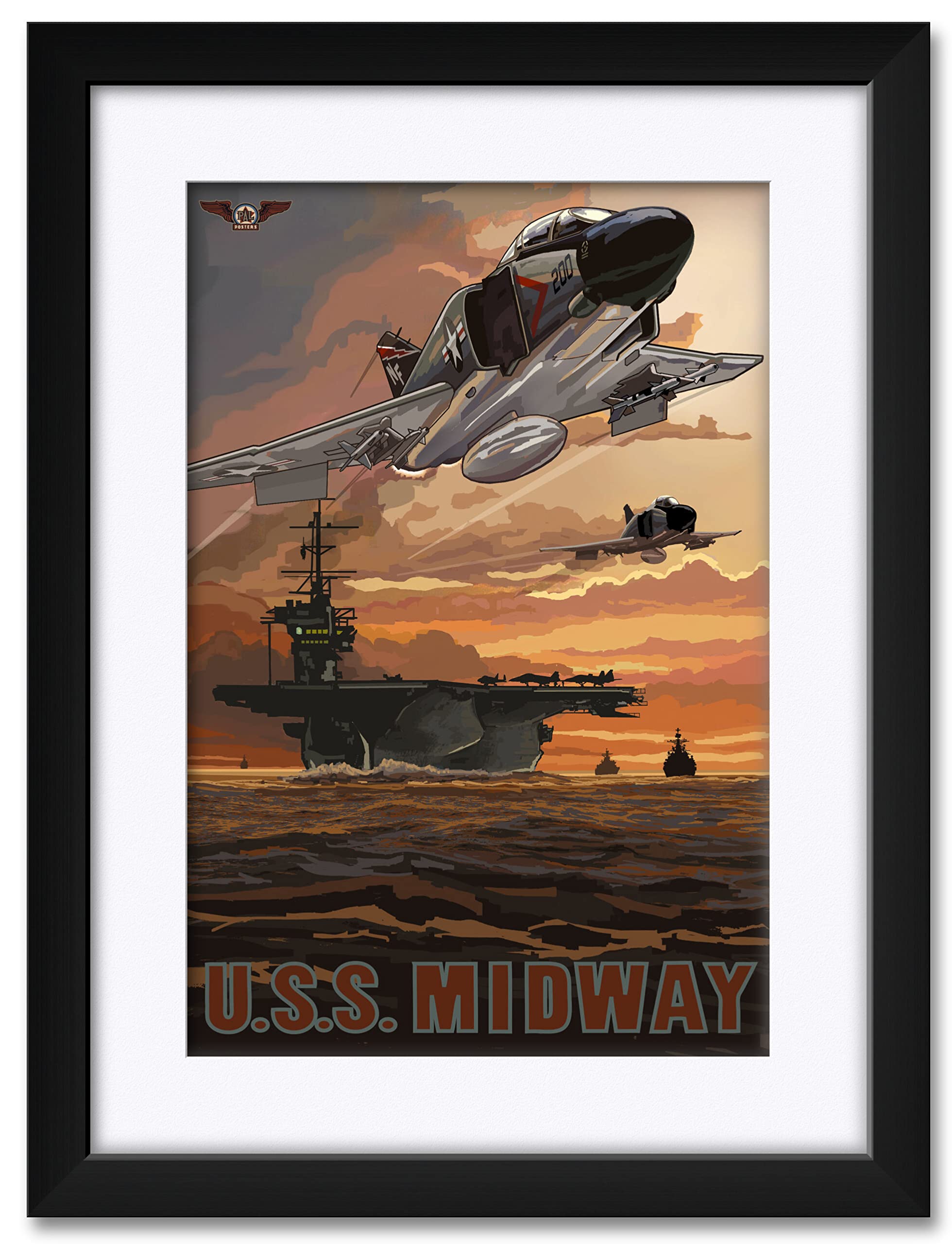 F-4 & Uss Midway Professionally Framed & Matted Art Print From Travel Artwork By Artist Paul A Lanquist Framed Art Size: 18 X 24