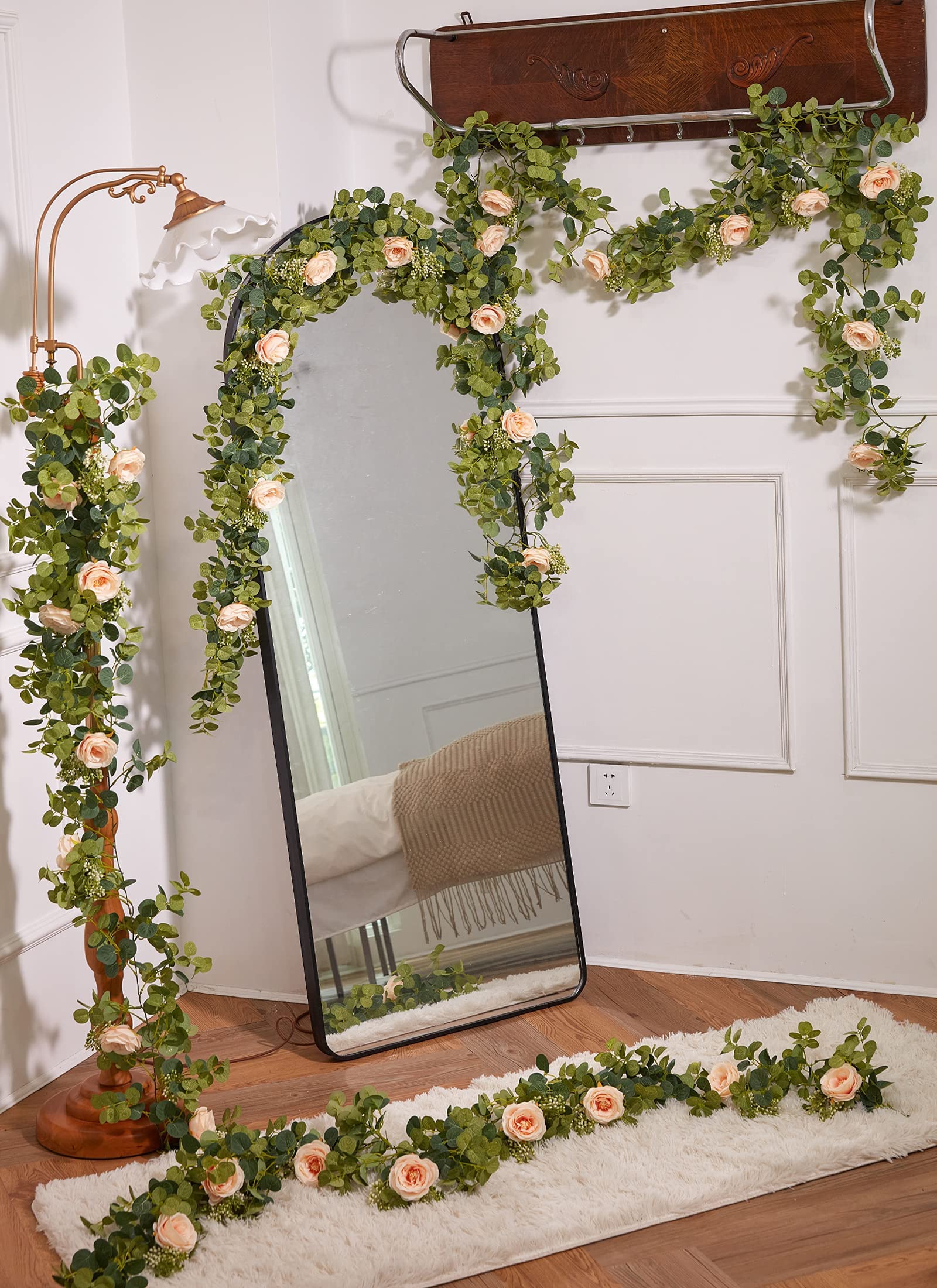 Party Joy 6.56Ft Eucalyptus Garland With Flowers-8 Pink Roses-Lush,Natural Looking, Floral Garland Greenery Garland For Party We