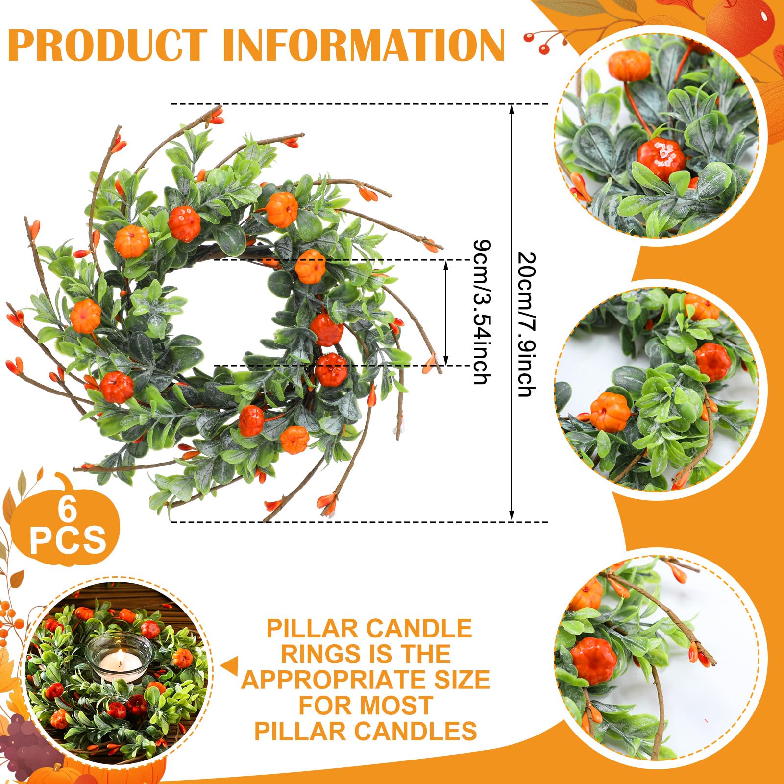 Hotop 6 Pcs Thanksgiving Candle Rings Wreaths Decorative Artificial Small Fall Wreaths Autumn Candle Holders Rattan Garland for