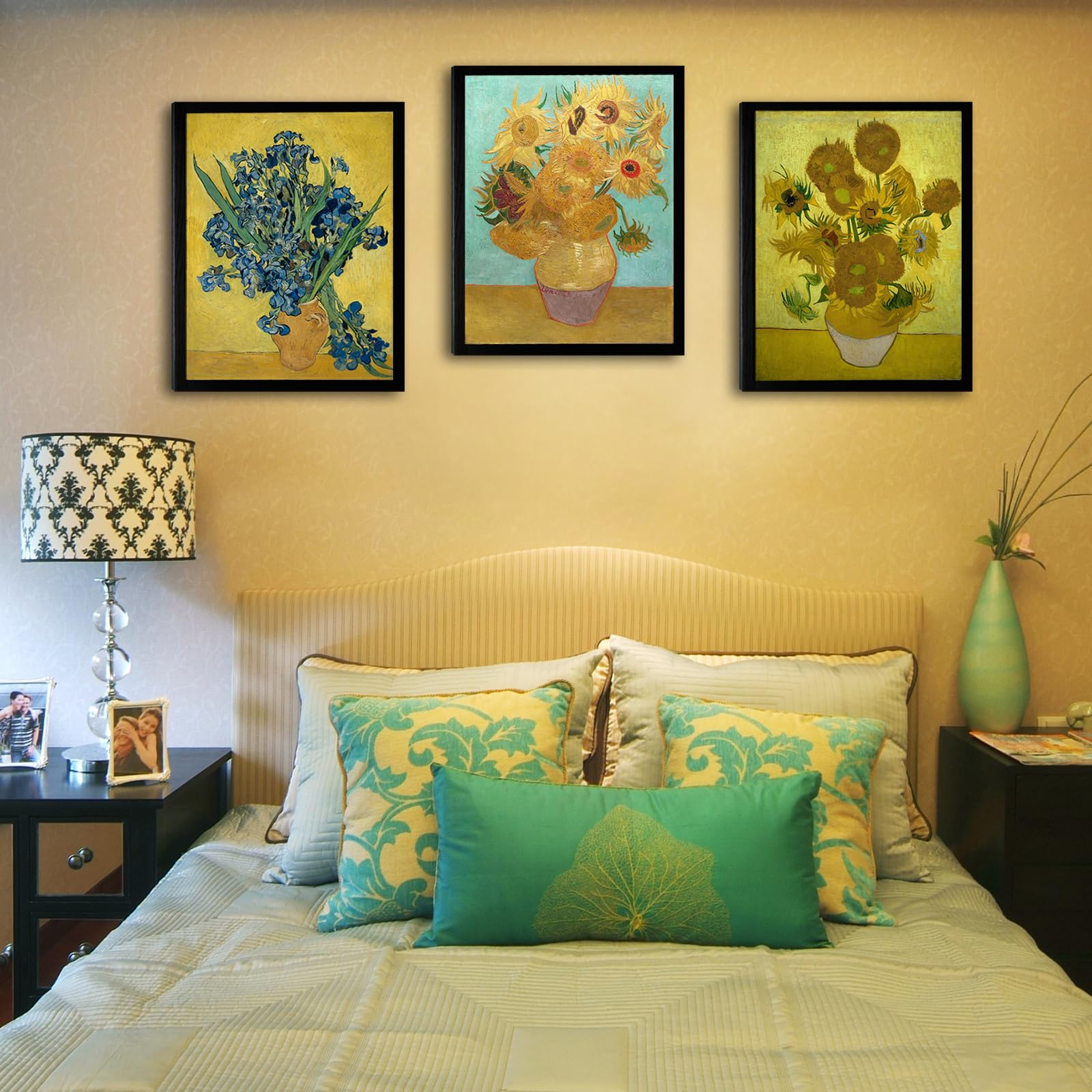 Black Framed Sunflower And Irises By Vincent Van Gogh Oil Paintings Reproduction Modern Floral Canvas Prints Artwork Flowers Pic