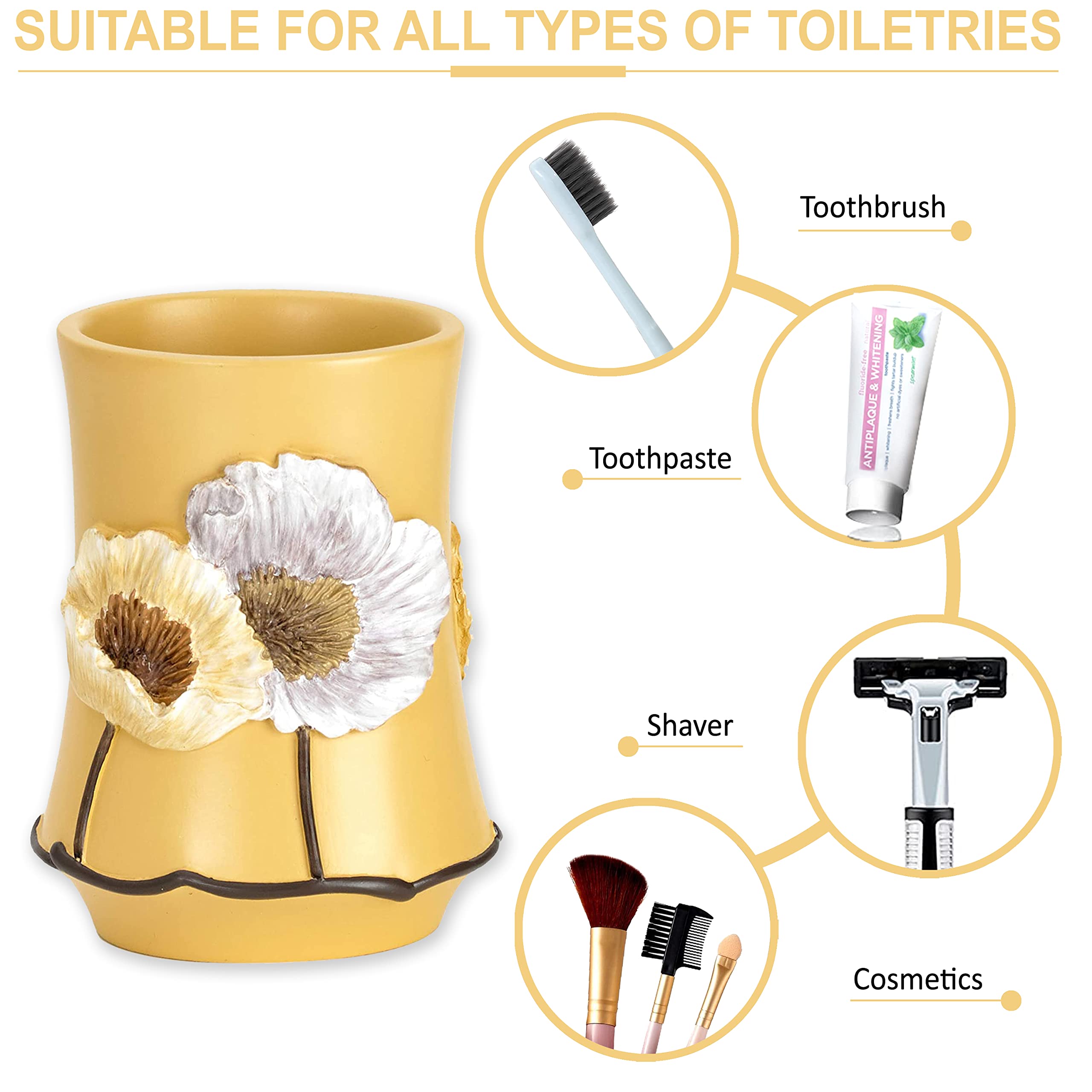 Zahari Home 4pc Poppy Fields Yellow Bathroom Accessories Set Hand Soap Dispenser  Tumbler  Tooth Brush Holder and Soap Dish Modern Contemporary Decor Complete Bathroom Sets with Shower Curtains