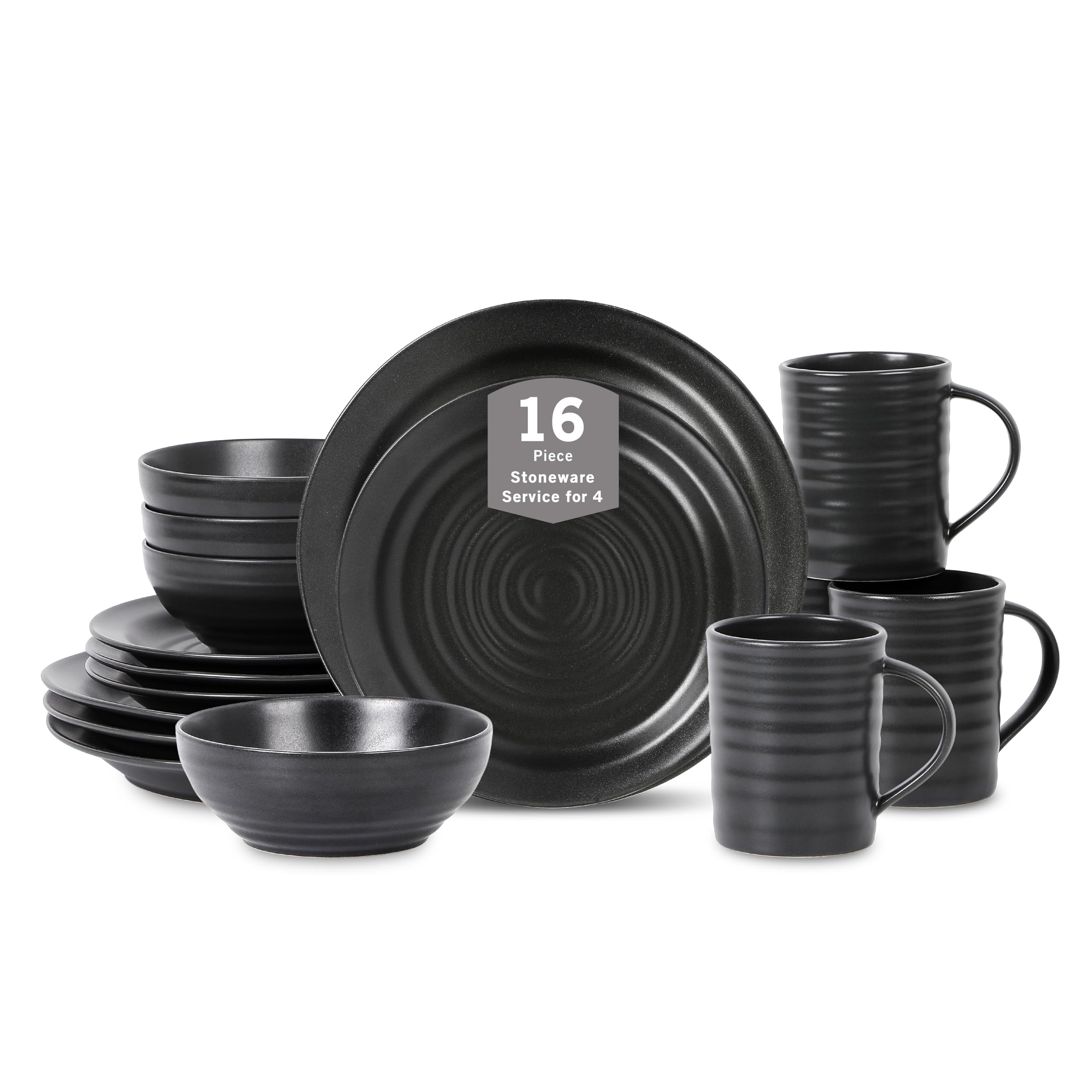 Stone Lain Orbit 16-Piece Round Stoneware Dinnerware Set, Charcoal, Service for 4 with Plates, Bowls & Mugs, Durable Ceramic Kit