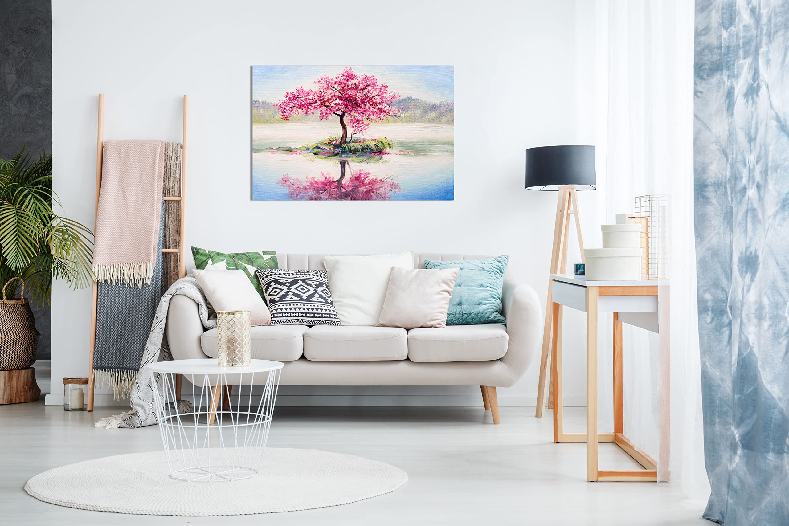 Japanese Oriental Cherry Tree On Lake Painting Canvas Wall Art Picture Print (18X12)