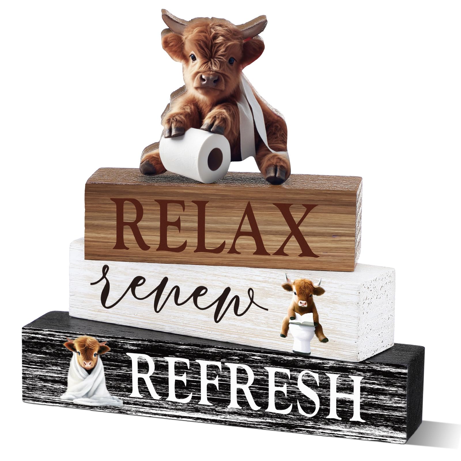 Cinnvoice 4 Pcs Highland Cow Bathroom Decor Farmhouse Bathroom Decoration Western Relax Renew Refresh Table Centerpiece Gift for