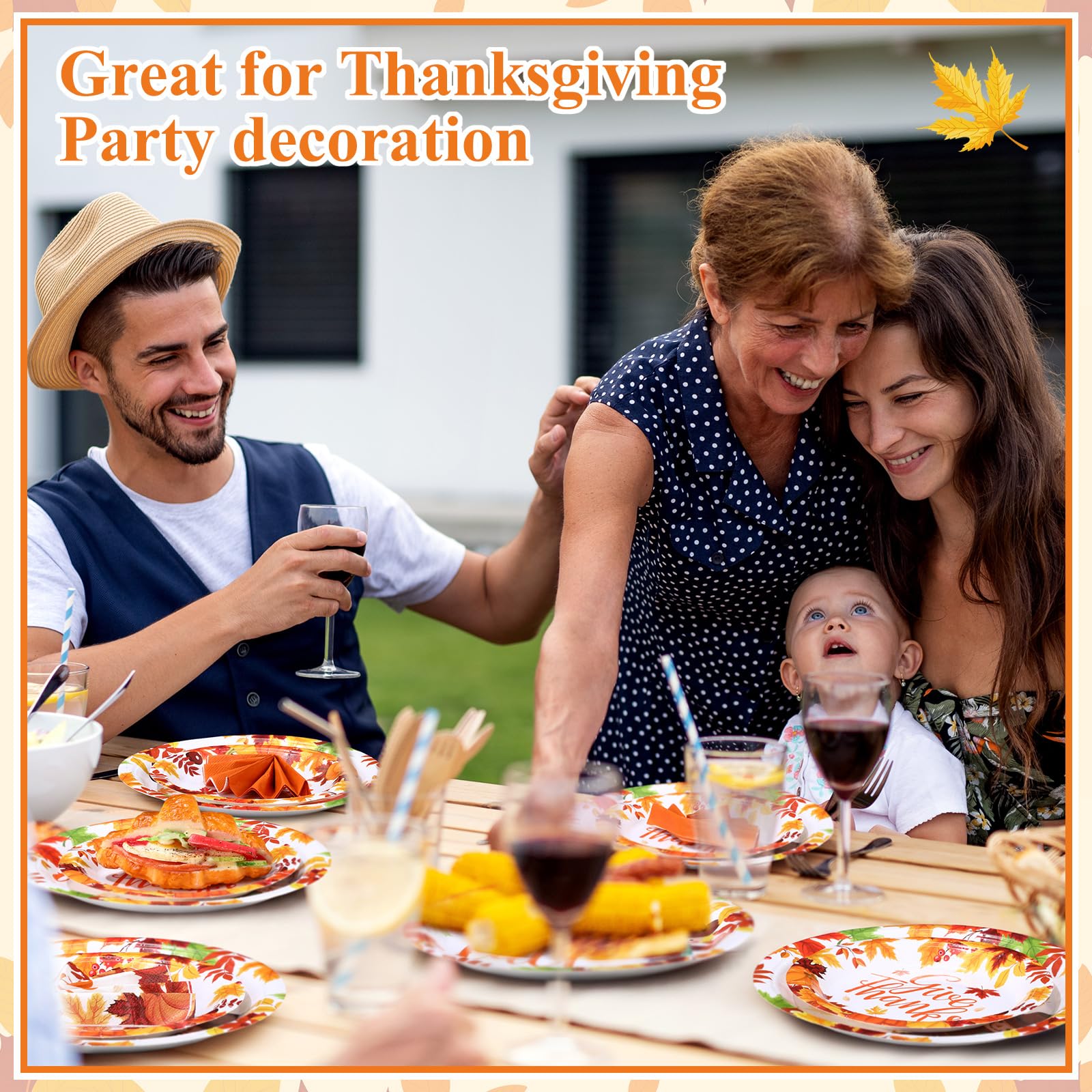 Funnymoom 200 Pcs Fall Thanksgiving Tableware Give Thanks Hello Fall Pumpkins Disposable Paper Dinner Dessert Plates Maple Leave