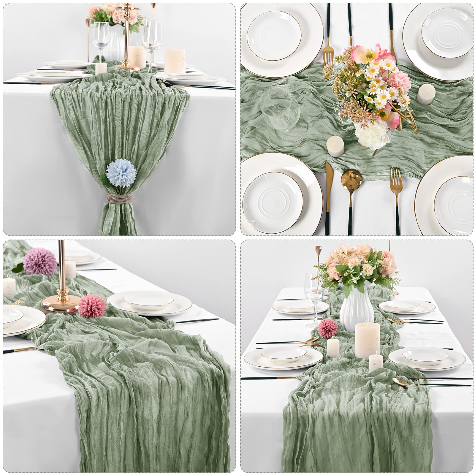 10 Pcs Sage Green Cheesecloth Table Runner 10Ft, Gauze Table Runner For Wedding Reception Sheer Bridal Shower Birthday Party Boh
