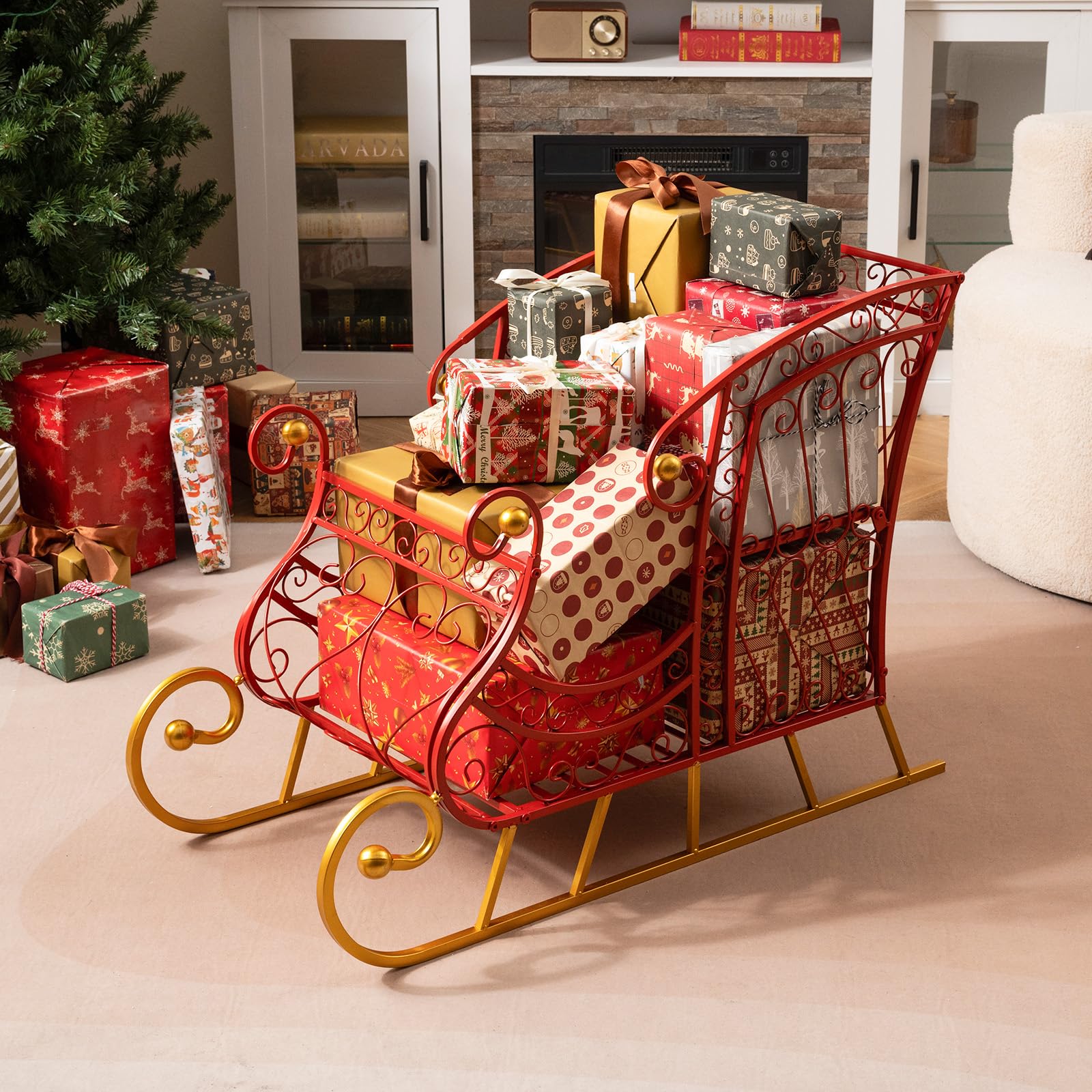 Tangkula Metal Christmas Santa Sleigh Basket, 2-Tier Red Xmas Santa s Gift Storage Sleigh with Large Cargo Area, Festive Decorat