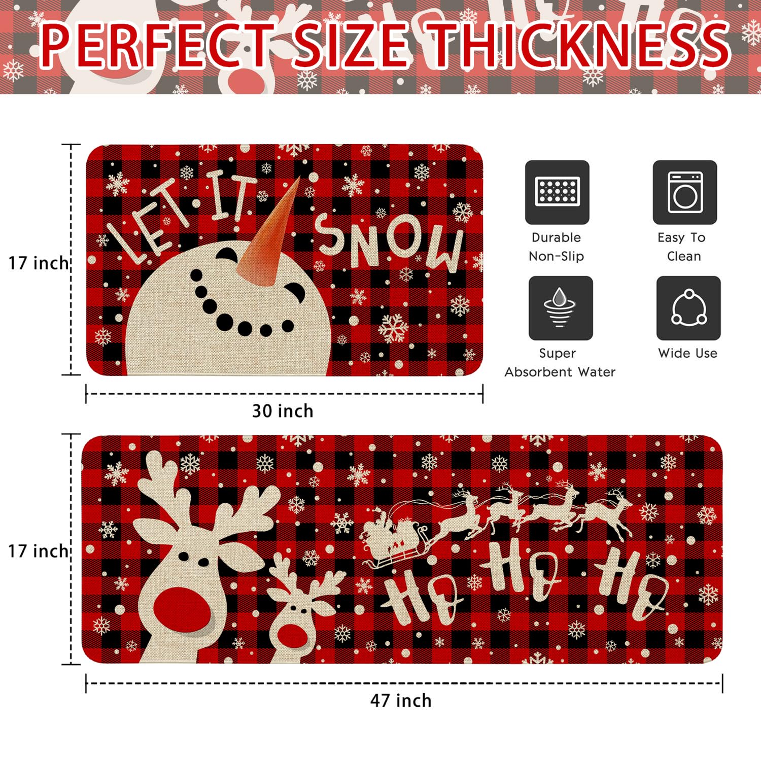 Christmas Kitchen Mat Decor, Snowman Reindeer Winter Holiday Christmas Kitchen Rugs Sets of 2, Red Buffalo Plaid Christmas Rugs