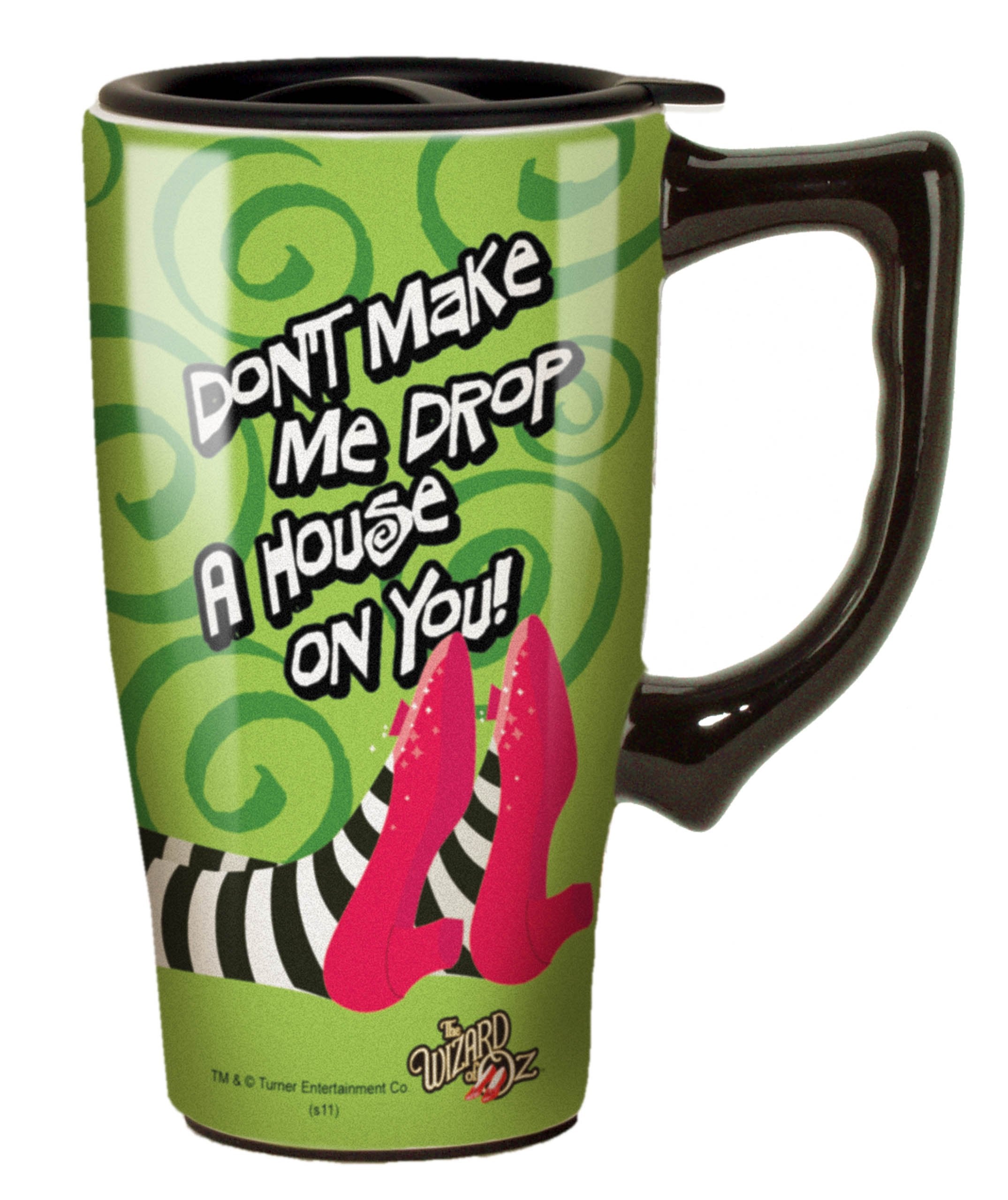 Spoontiques Drop A House On You Ceramic Travel Coffee Mug with Lid and Handle - Wizard of Oz Double Walled Mug for Hot and Cold 