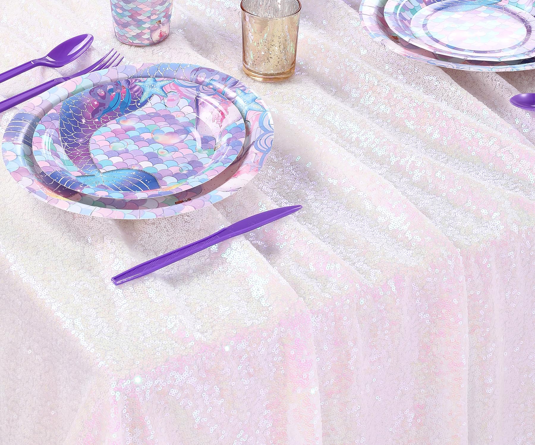 Queendream Iridescent Mermaid Themed Party Decorations: 90X90 Inch Sequin Table Cloths White Birthday Tablecloth Glitter Fabric