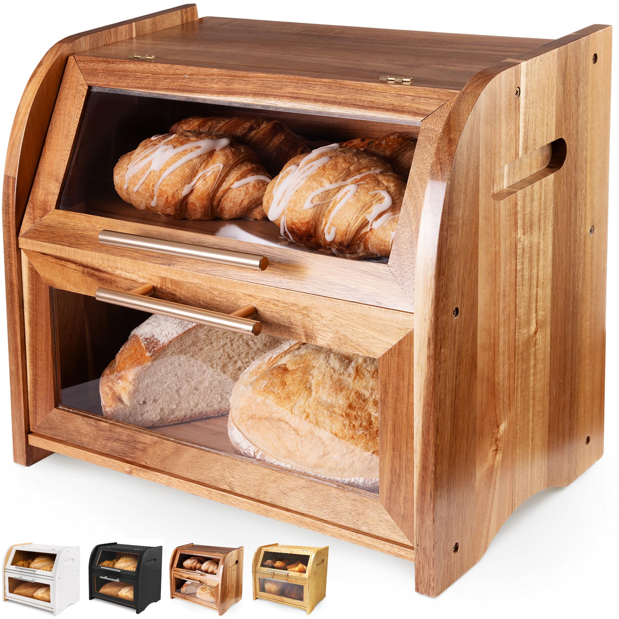 Arise Stylish Acacia Bread Box for Kitchen Countertop, Extra Large 2-Shelf Wooden Bread Storage Container with Clear Windows and