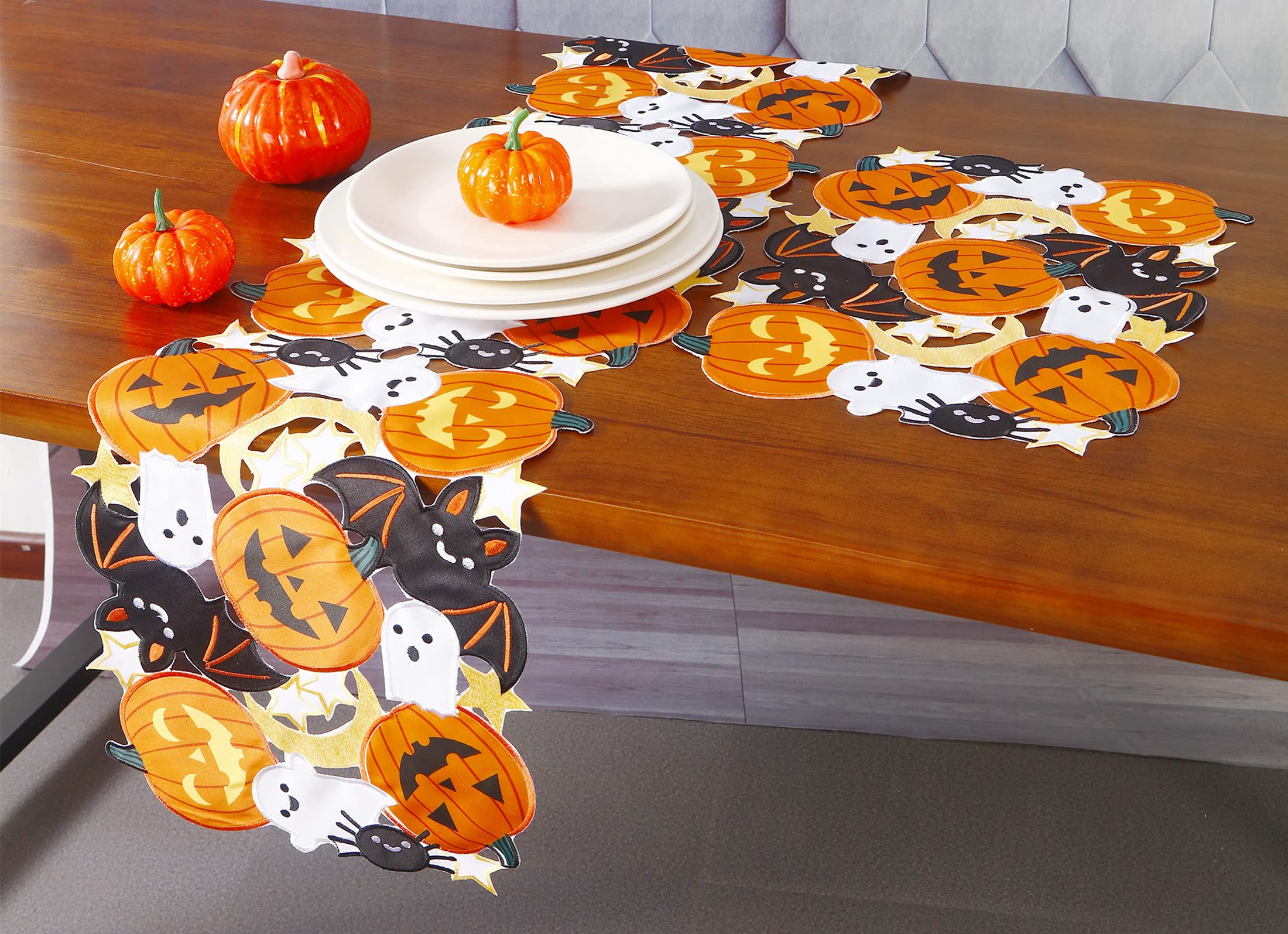 Holiday Halloween Table Runner 13''X36'' ,Cutwork Applique Embroidered Pumpkins And Bats Dresser Scarf For Home Dining Autumn Th