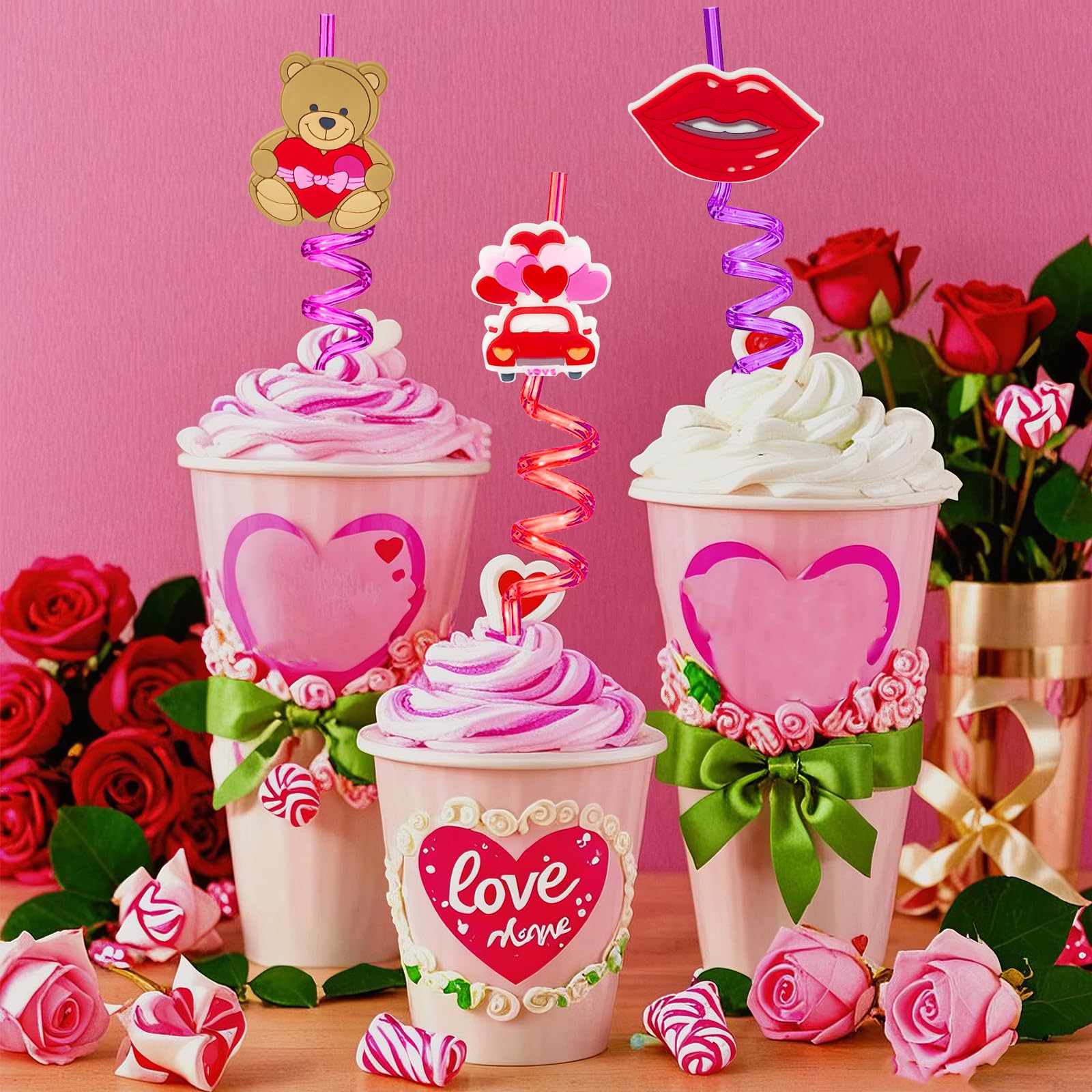 24 Valentines Reusable Party Drinking Straws Birthday Party Supplies Decorations With 2 Pcs Cleaning Brushes (Valentines Rose)