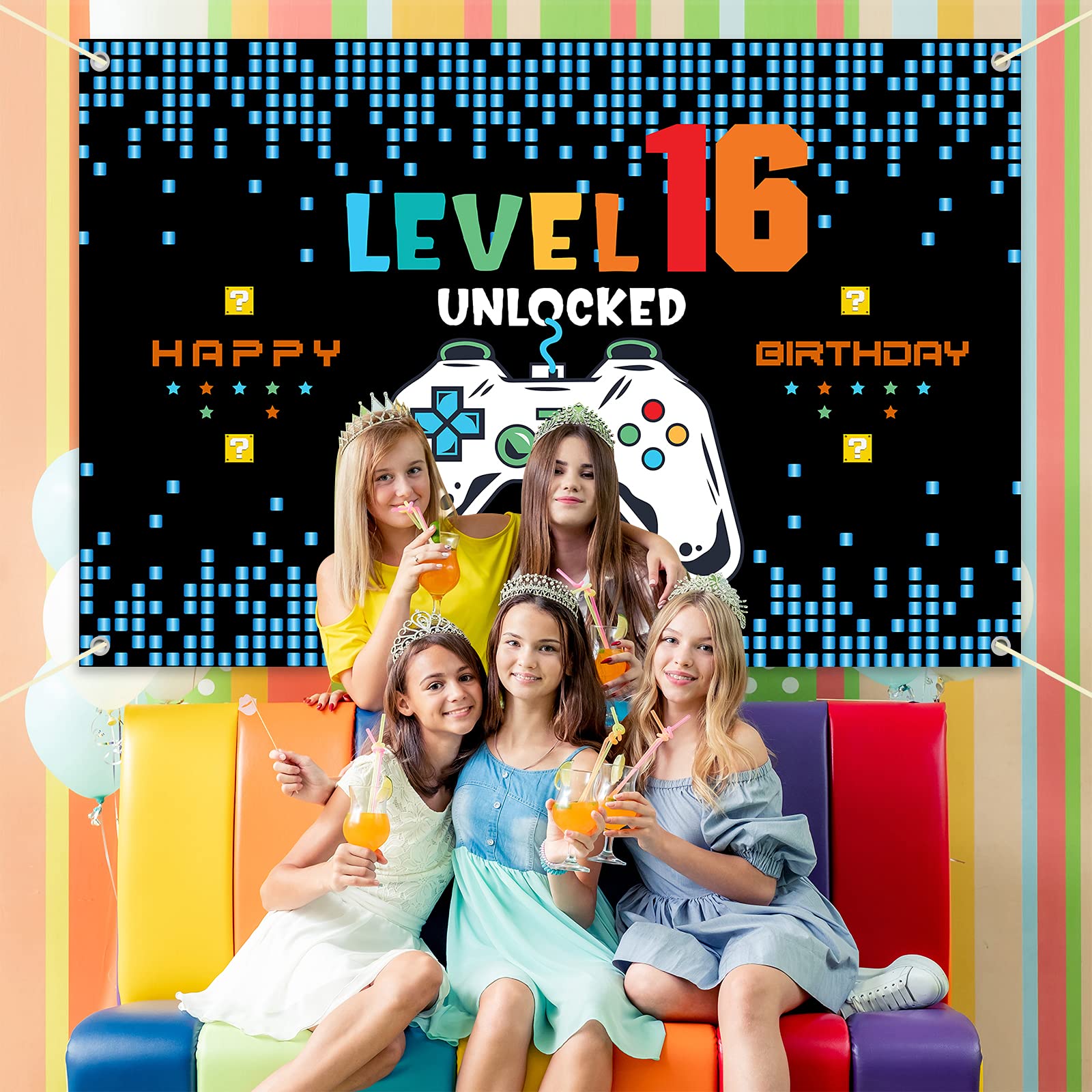 Hamigar 6X4Ft Happy 16H Birthday Baner Backdrop - Level 16 Unlocked Birthday Decorations Party Supplies For Boys - Blue