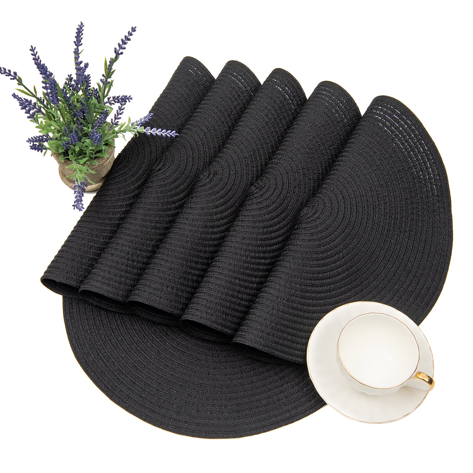 Shacos Round Braided Placemats Set Of 8 Washable Cotton Polyester Woven Round Table Mats For Dining Tables 15 Inch (Black, 8)