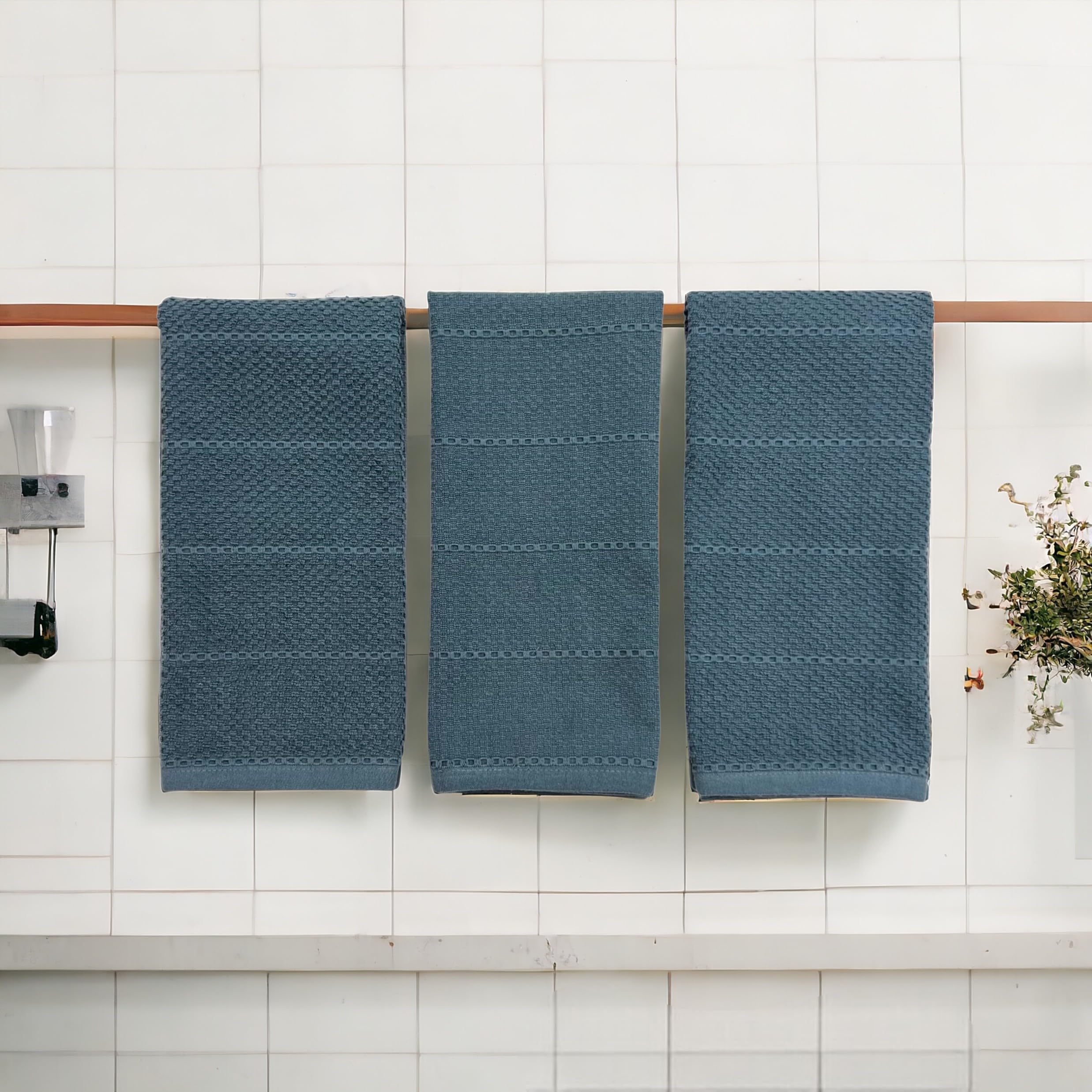Teal Dark Blue Kitchen Dish Hand Towels 100% Cotton Cloth Soft Cleaning Drying Absorbent Terry: Set Of 3 Multipurpose For Everyd