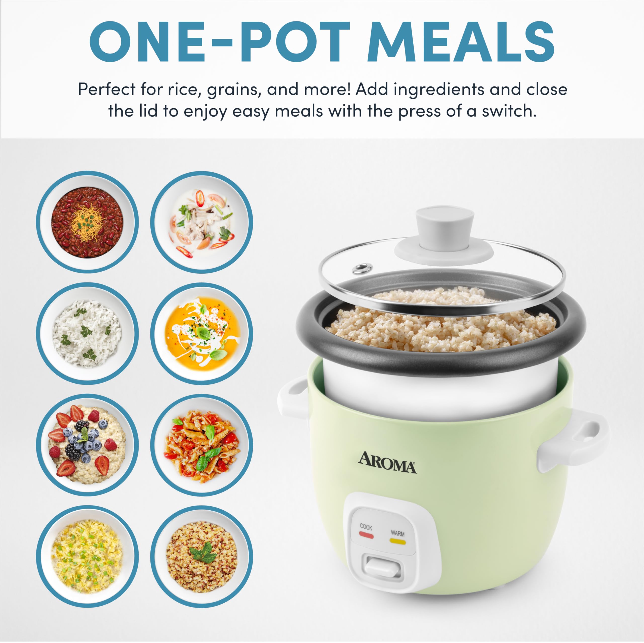 AROMA Mini Rice Cooker, 2-Cup (Uncooked) / 4-Cup (Cooked), Grain Cooker, Soup Maker, Oatmeal Cooker, Auto Keep Warm, 1 Qt, Light