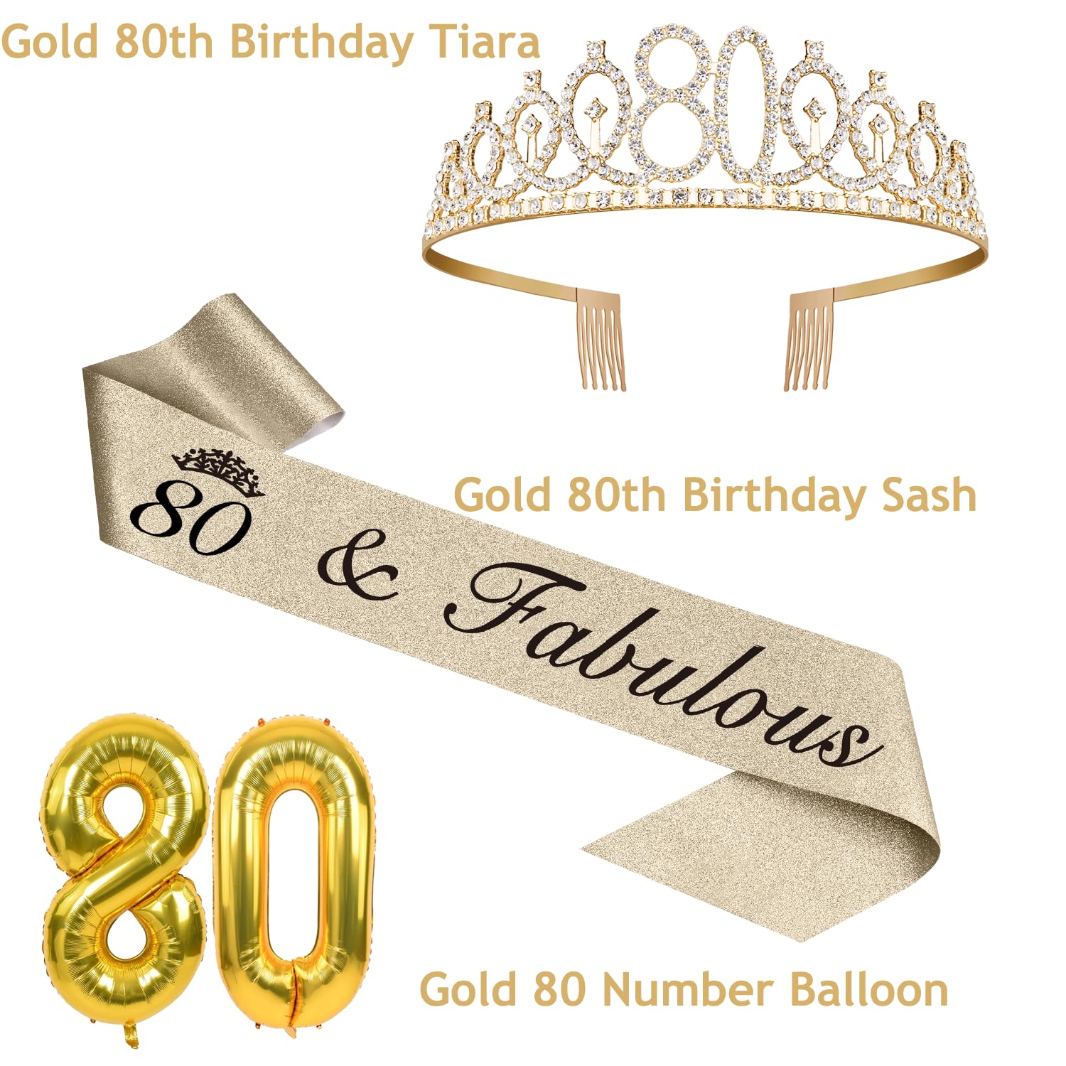80Th Birthday Decorations For Women Gold With 80Th Birthday Sash And Tiara, 80Th Birthday Cake Topper And Birthday 80 Candles, B