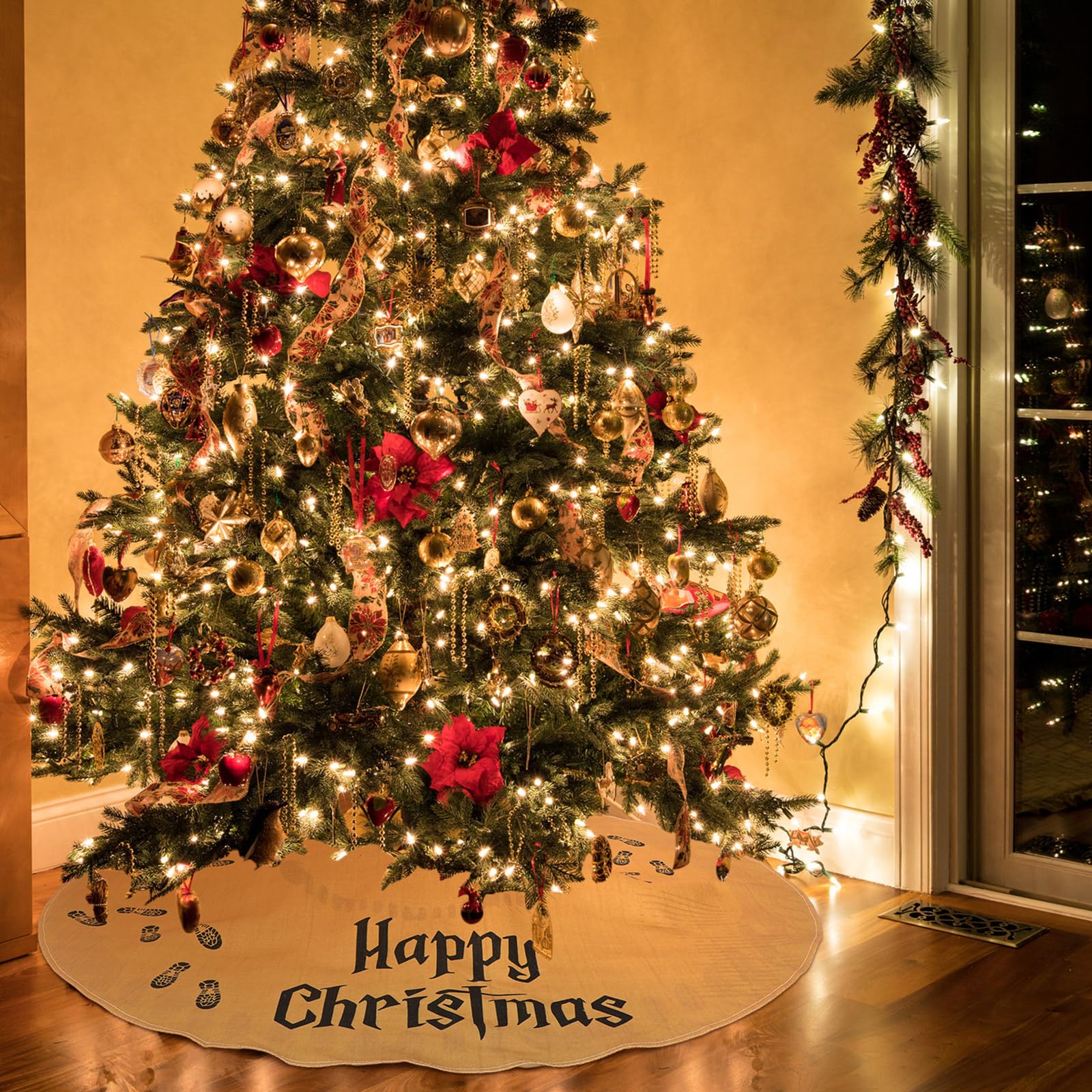 Arrowbash Wizard Christmas Tree Skirt 48 Inches Large Burlap Double Layer Plain Footprint Tree Skirts Rustic Jute Wired Christma