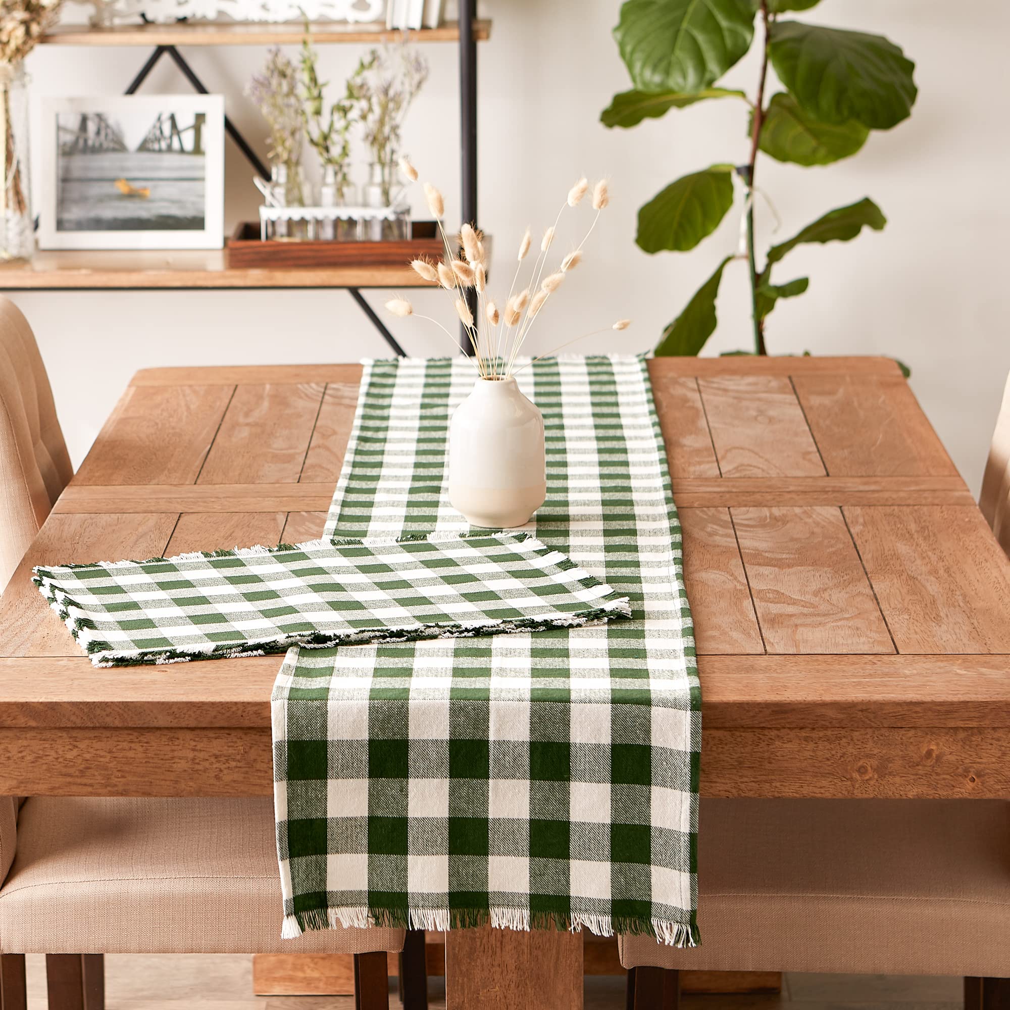 DII Heavyweight Fringed Check Tabletop Collection  Placemat Set  13x19  Hunter Green  6 Piece