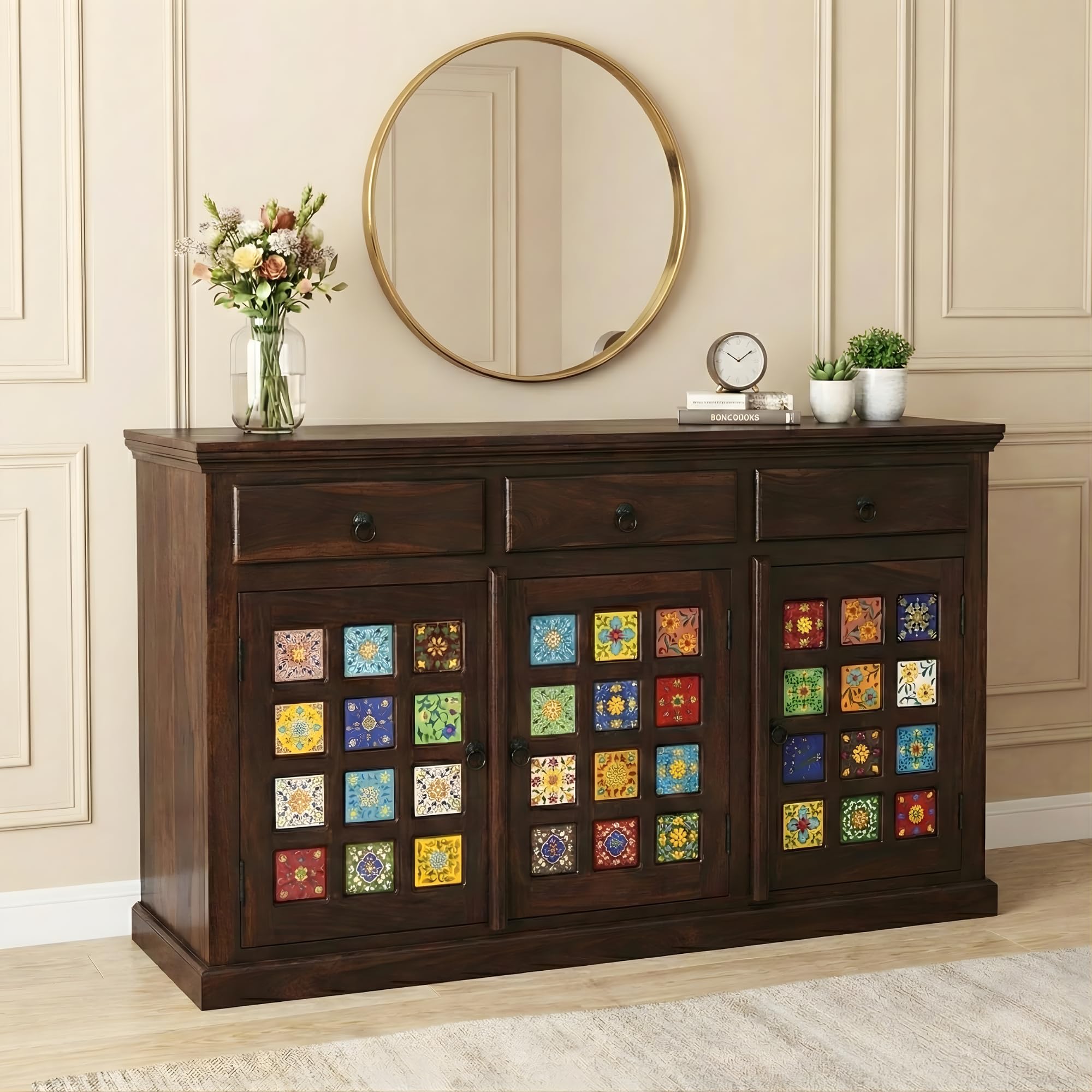 Sona Art & Crafts Solid Sheesham Wood Sideboard Cabinet Storage Organizer With 3 Drawer & 3 Door Cabinet For Home Kitchen Living