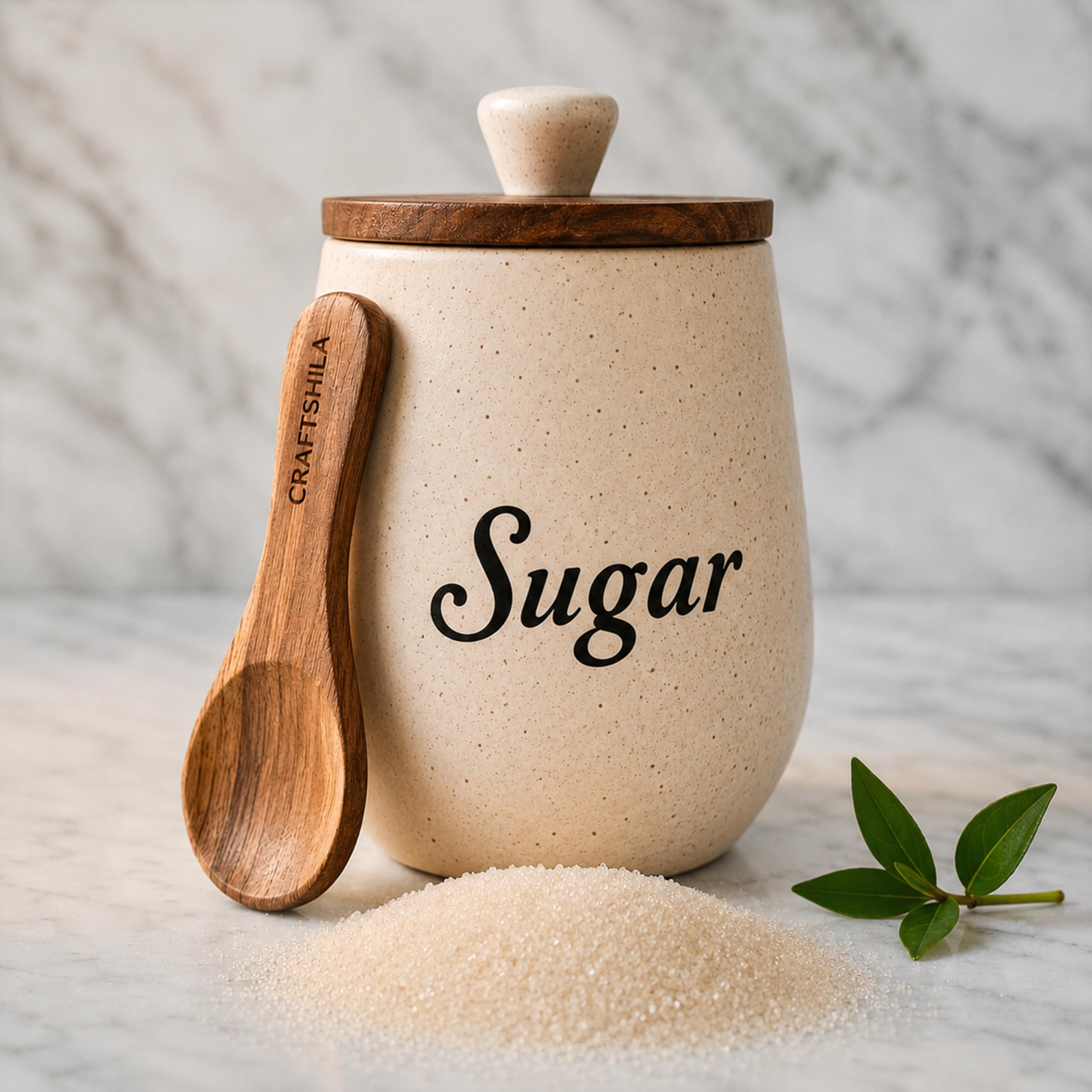 Craftshila Ceramic Sugar Container With Wooden Spoon & Lid | Sugar Jar & Container For Kitchen Storage Set | Multi Utility Air T