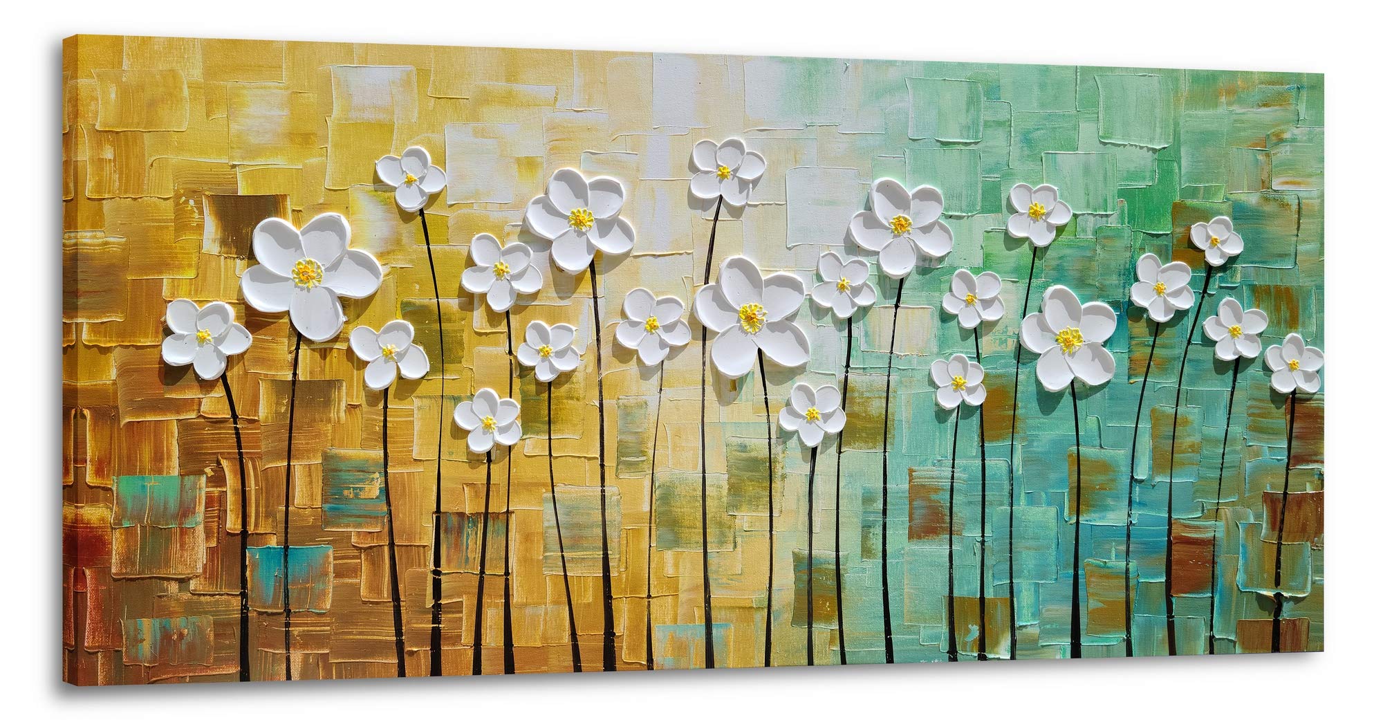 Sygallerier White Floral Canvas Wall Art Hand Painted Heavy Textured Paintings Teal And Yellow Pictures Contemporary Artwork For