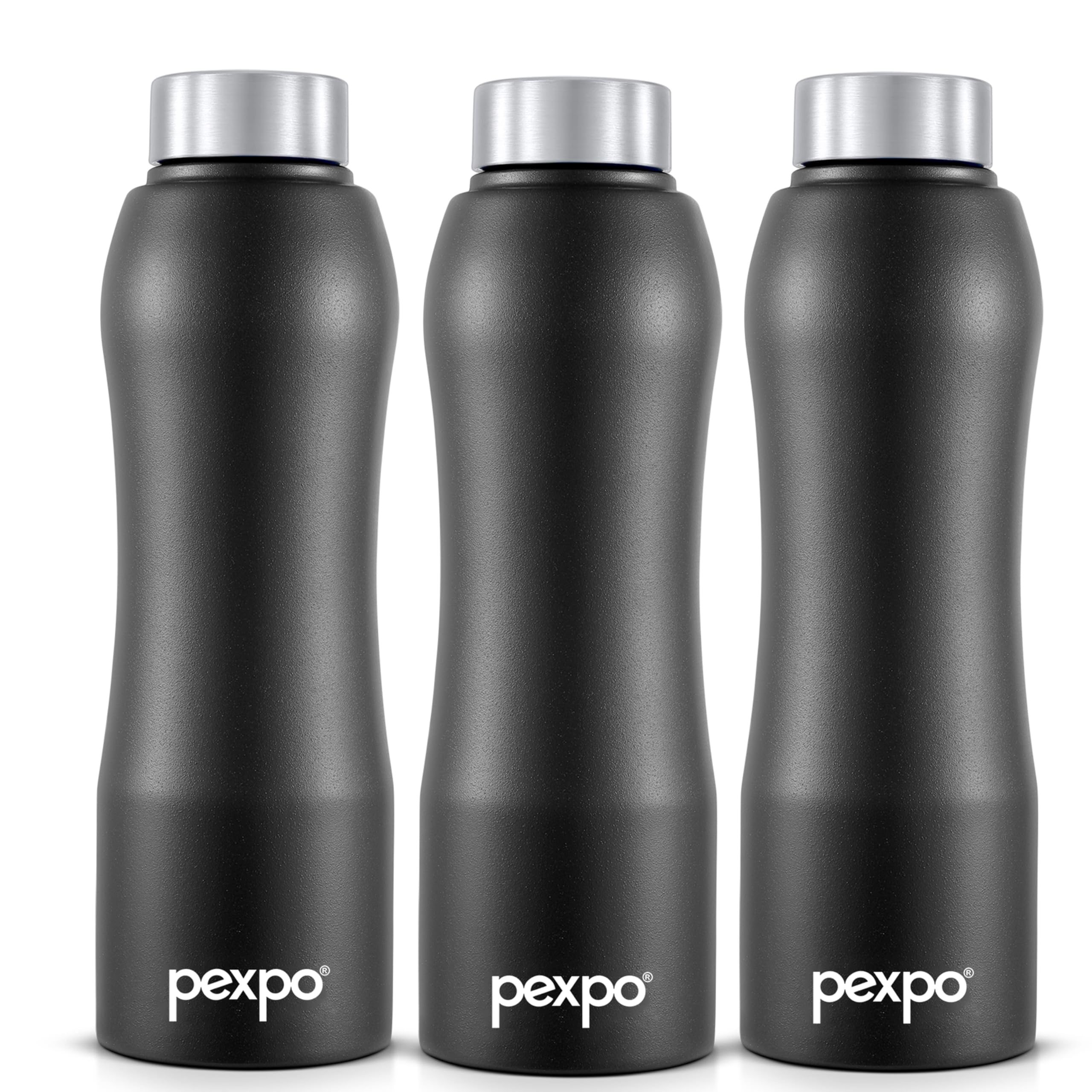 Pexpo Bistro Isi Certified Stainless Steel Fridge/Sports Water Bottle 1 Litre, Knight Black, Pack Of 3| Single Walled|Easy Grip|