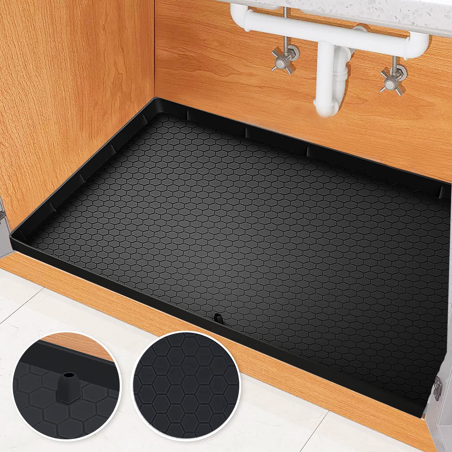 Under Sink Mat For Kitchen Waterproof, 34'' X 22'' Silicone Under Sink Liner Mat With Drain Hole, Kitchen Bathroom Cabinet Liner